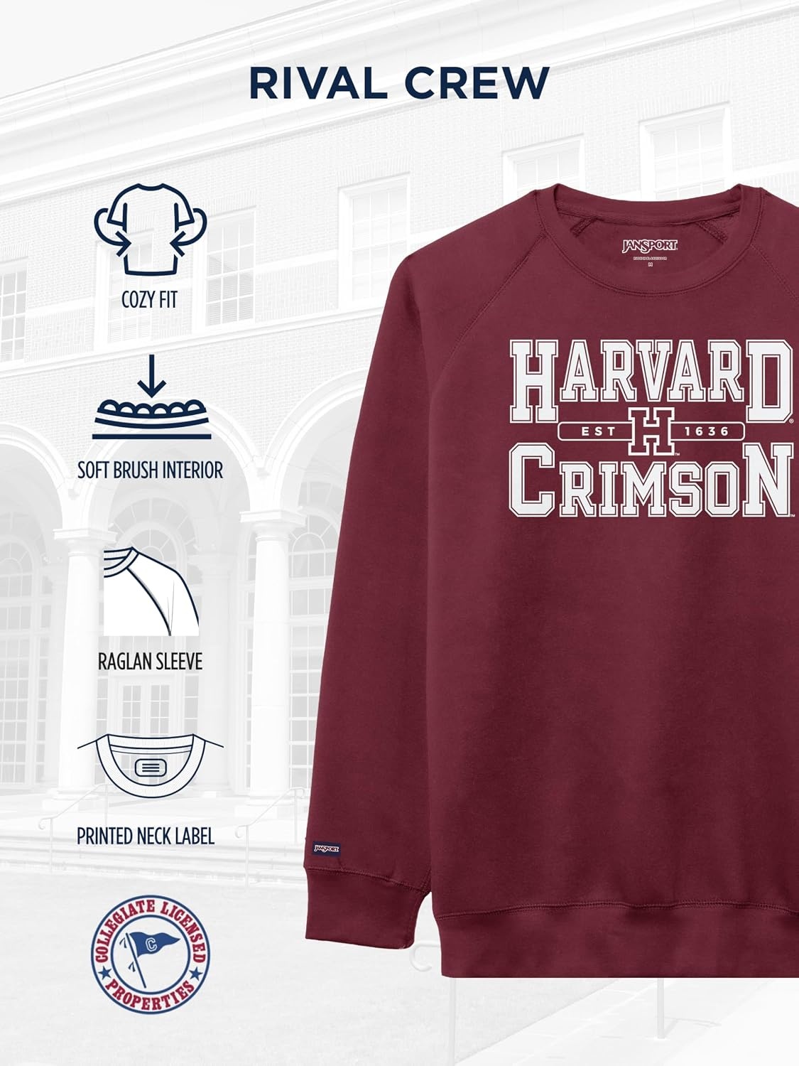 image:imageJanSport NCAA Officially Licensed Rival Crew Sweatshirt Long Sleeve Graphic Pullover for Men Women CottonPolyester BlendHarvard Crimson