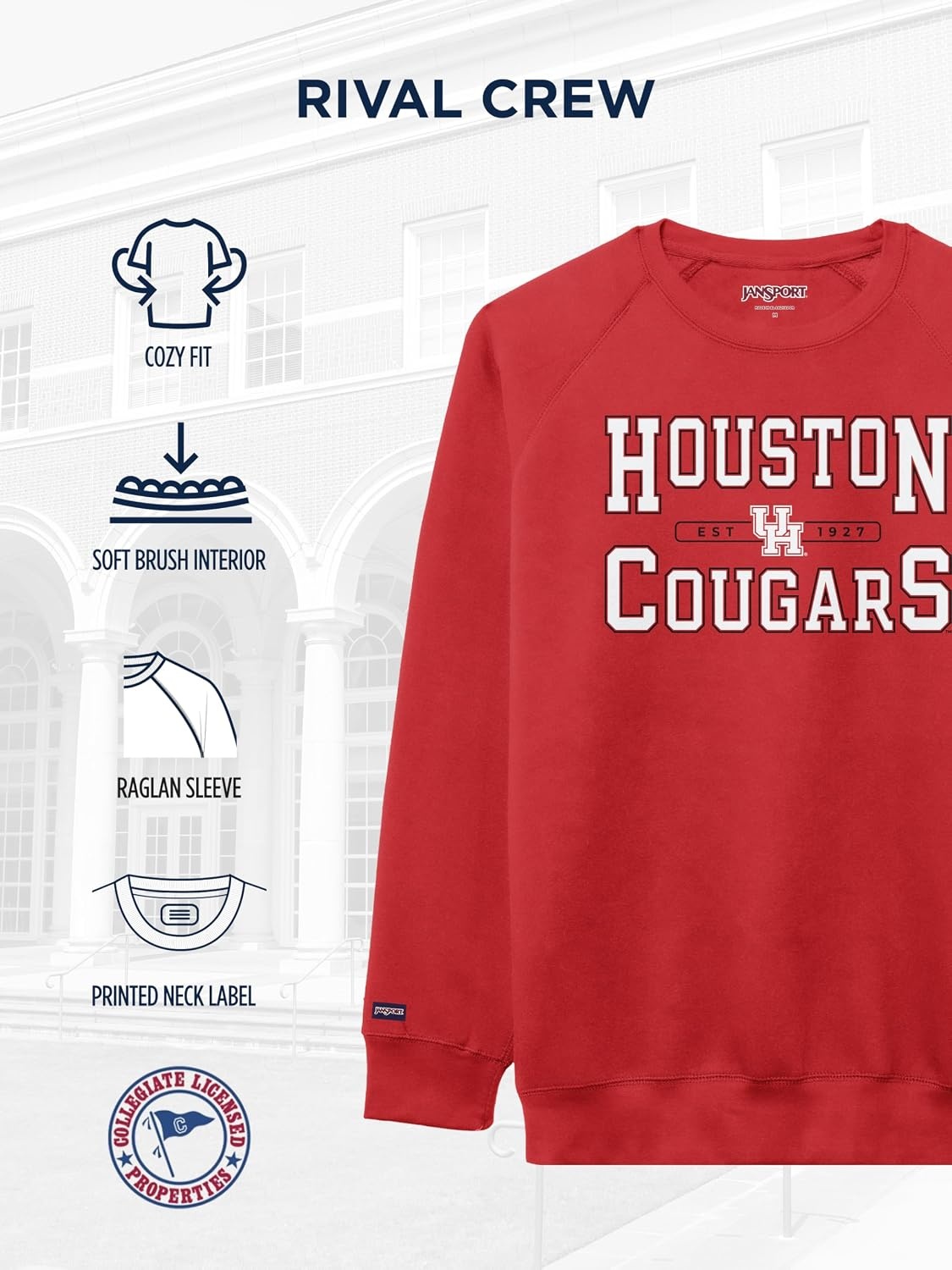 image:imageJanSport NCAA Officially Licensed Rival Crew Sweatshirt Long Sleeve Graphic Pullover for Men Women CottonPolyester BlendHouston Cougars