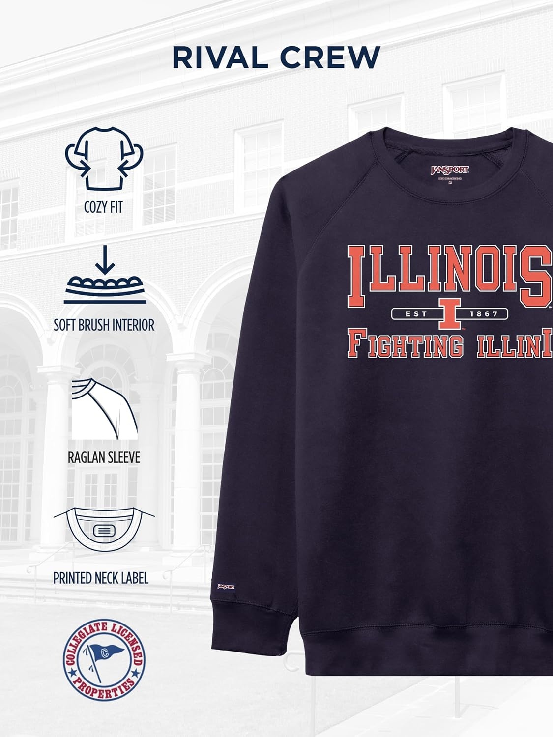 image:imageJanSport NCAA Officially Licensed Rival Crew Sweatshirt Long Sleeve Graphic Pullover for Men Women CottonPolyester BlendIllinois Illini