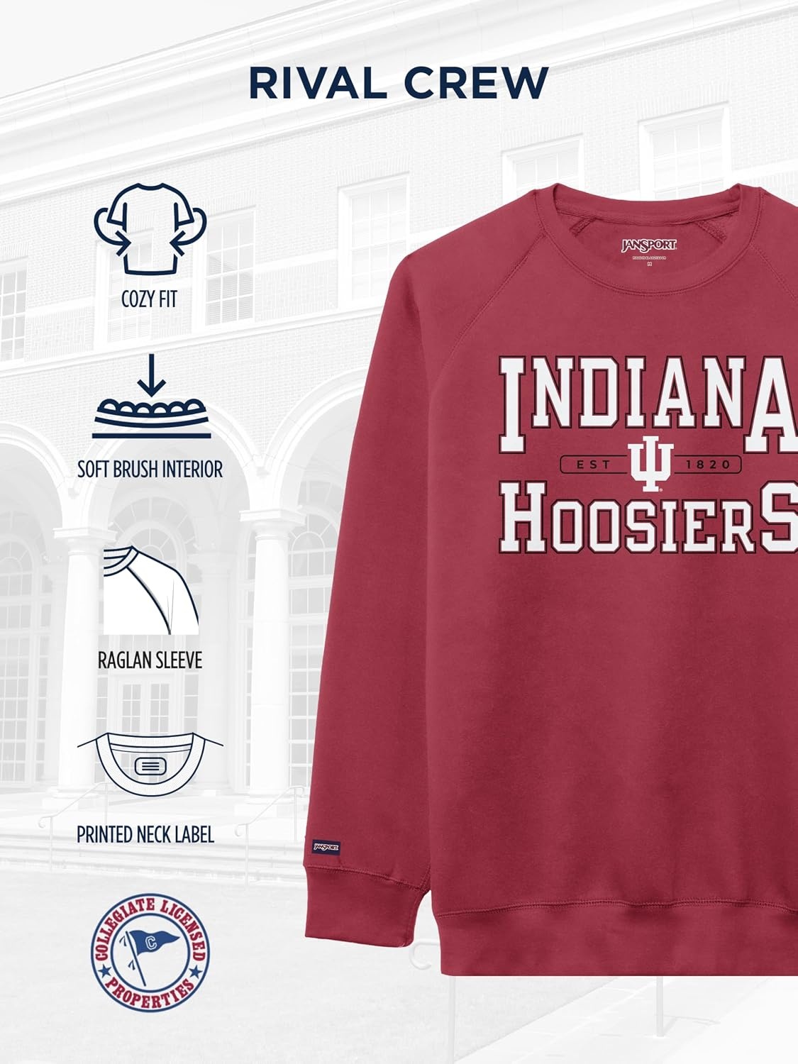 image:imageJanSport NCAA Officially Licensed Rival Crew Sweatshirt Long Sleeve Graphic Pullover for Men Women CottonPolyester BlendIndiana Hoosiers