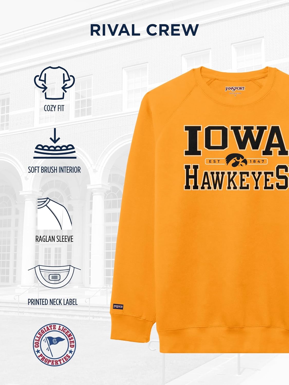 image:imageJanSport NCAA Officially Licensed Rival Crew Sweatshirt Long Sleeve Graphic Pullover for Men Women CottonPolyester BlendIowa Hawkeyes