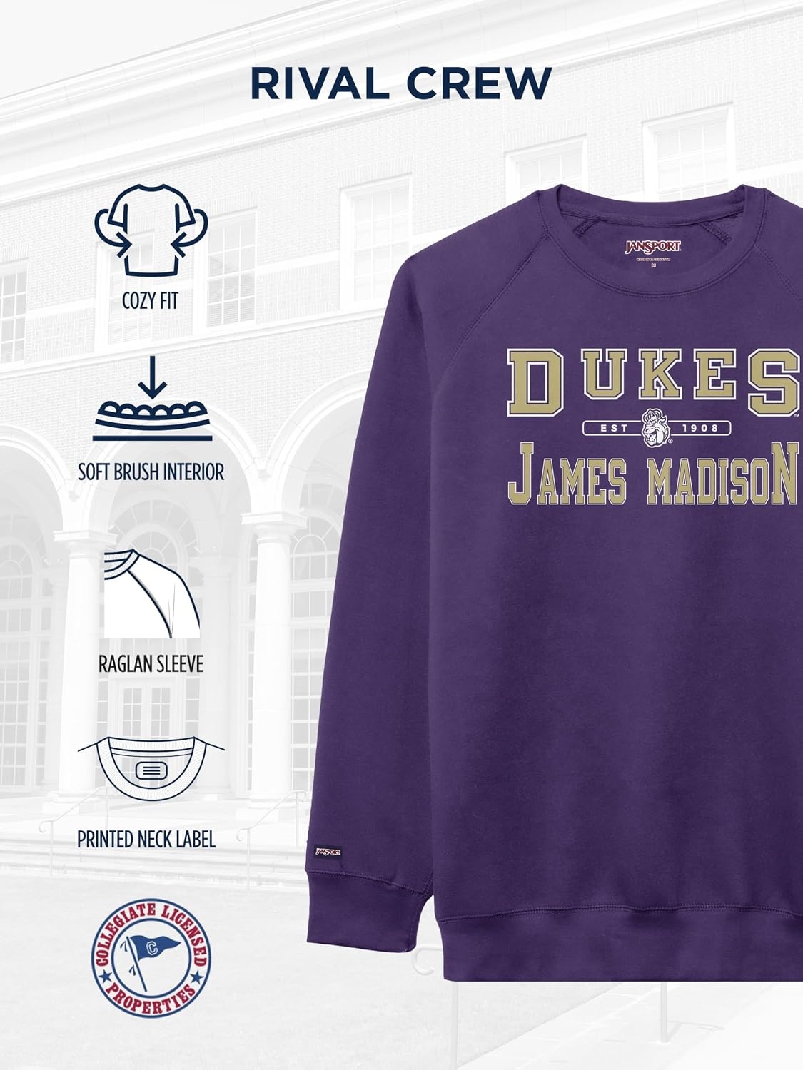image:imageJanSport NCAA Officially Licensed Rival Crew Sweatshirt Long Sleeve Graphic Pullover for Men Women CottonPolyester BlendJames Madison Dukes