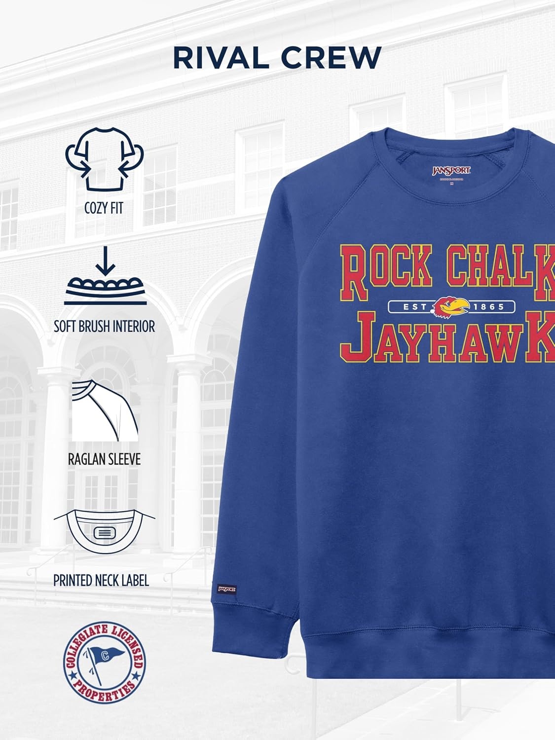 image:imageJanSport NCAA Officially Licensed Rival Crew Sweatshirt Long Sleeve Graphic Pullover for Men Women CottonPolyester BlendKansas Jayhawks