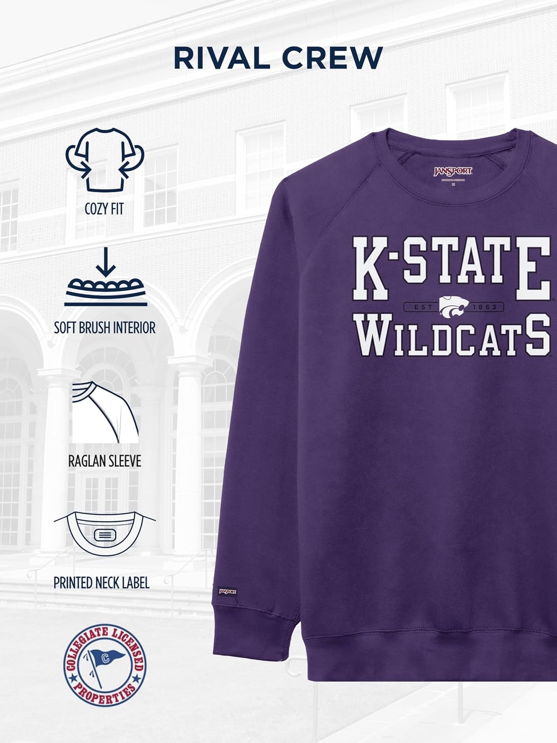 image:imageJanSport NCAA Officially Licensed Rival Crew Sweatshirt Long Sleeve Graphic Pullover for Men Women CottonPolyester BlendKansas State Wildcats