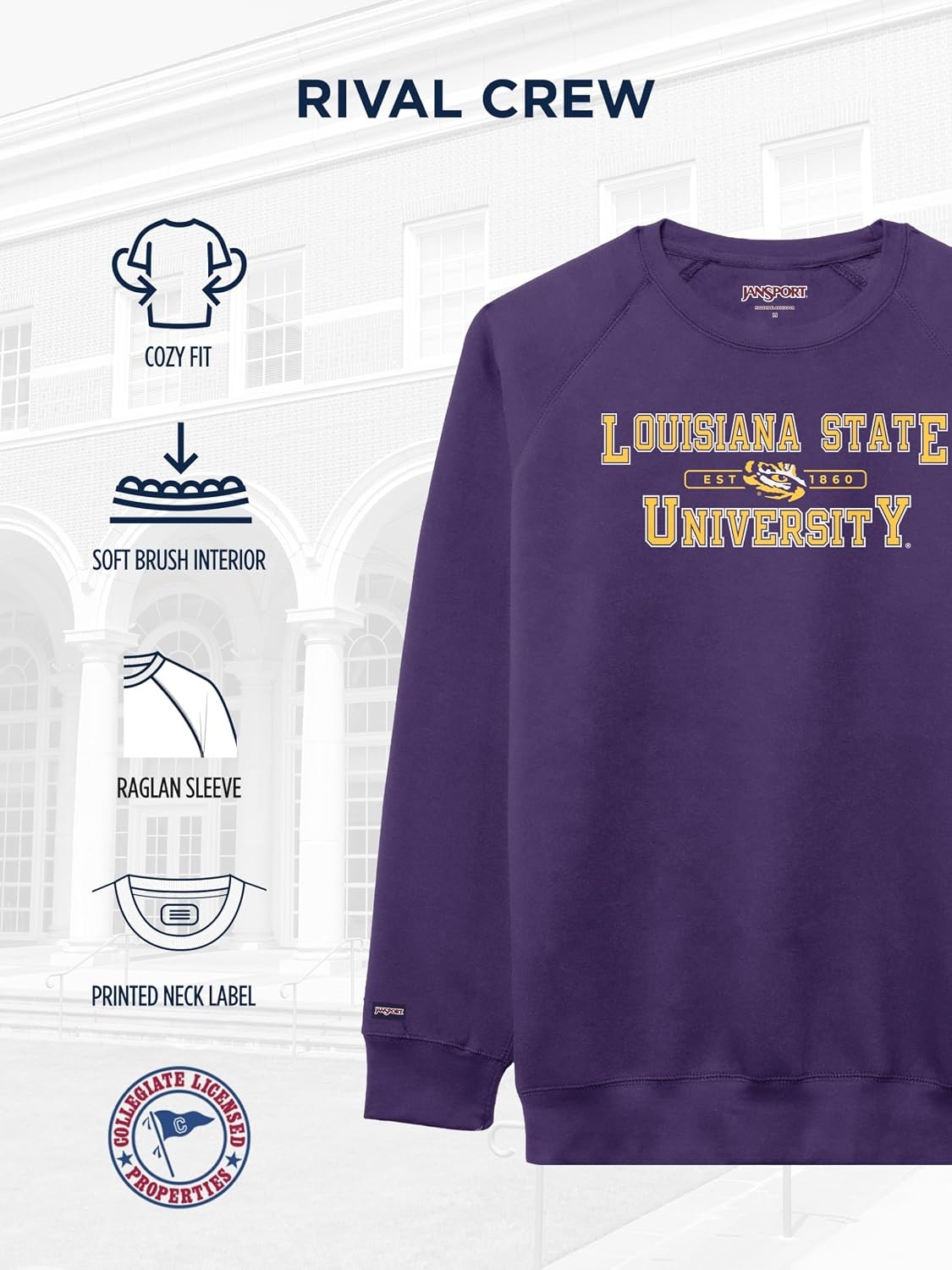 image:imageJanSport NCAA Officially Licensed Rival Crew Sweatshirt Long Sleeve Graphic Pullover for Men Women CottonPolyester BlendLSU Tigers