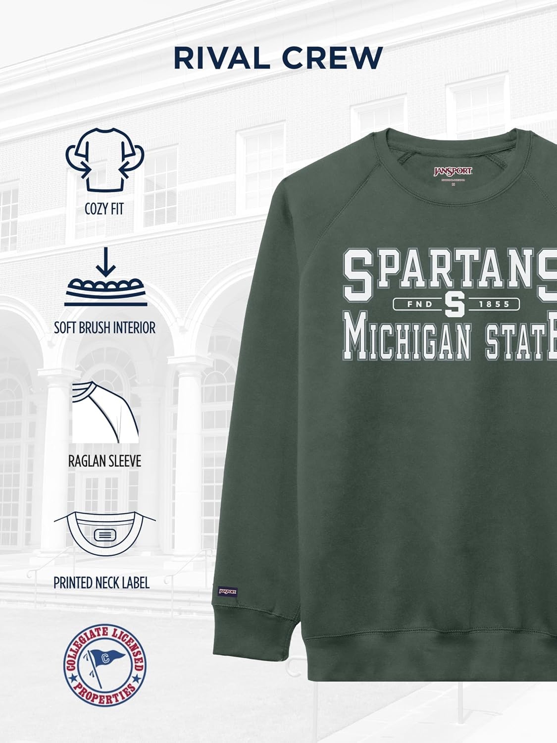 image:imageJanSport NCAA Officially Licensed Rival Crew Sweatshirt Long Sleeve Graphic Pullover for Men Women CottonPolyester BlendMichigan State Spartans