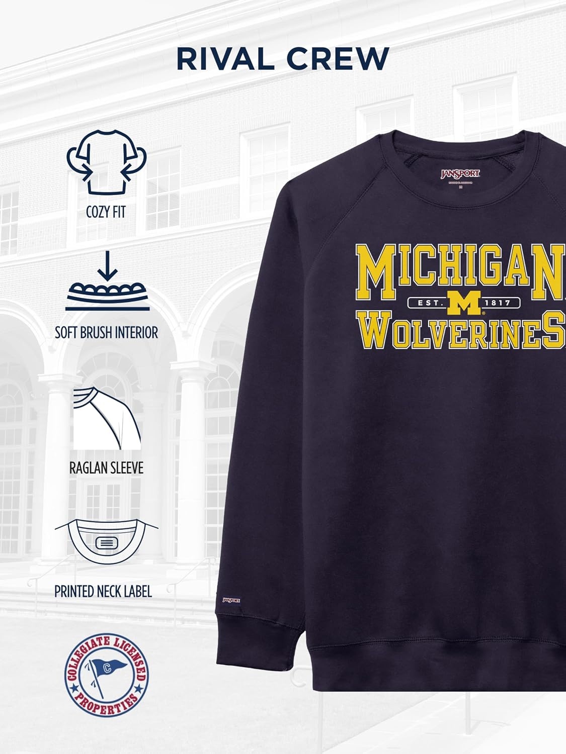image:imageJanSport NCAA Officially Licensed Rival Crew Sweatshirt Long Sleeve Graphic Pullover for Men Women CottonPolyester BlendMichigan Wolverines