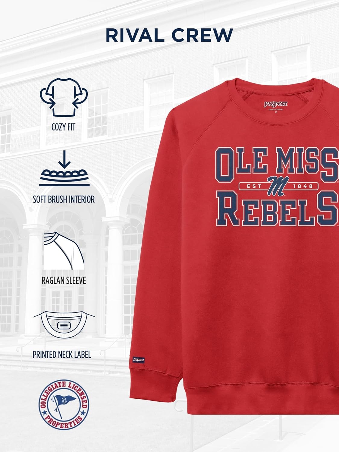 image:imageJanSport NCAA Officially Licensed Rival Crew Sweatshirt Long Sleeve Graphic Pullover for Men Women CottonPolyester BlendMississippi Old Miss Rebels