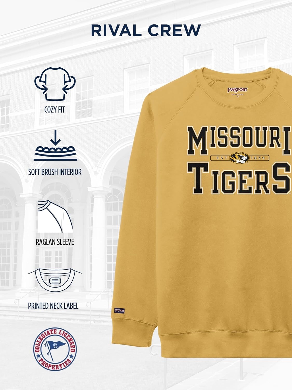 image:imageJanSport NCAA Officially Licensed Rival Crew Sweatshirt Long Sleeve Graphic Pullover for Men Women CottonPolyester BlendMissouri Tigers