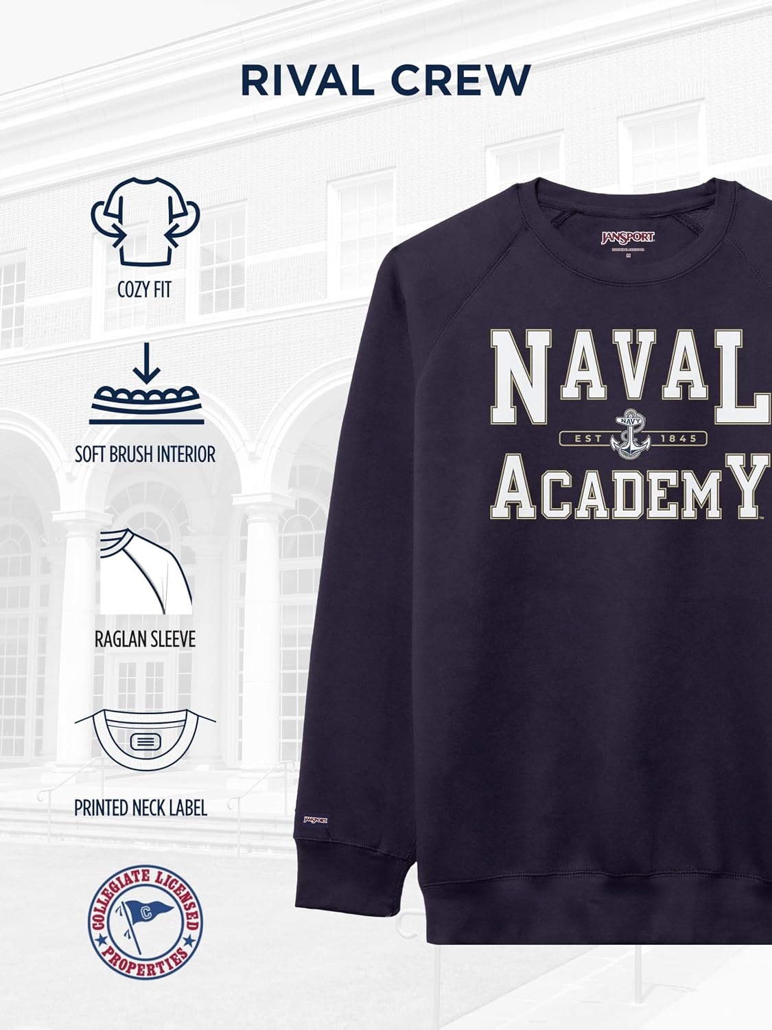 image:imageJanSport NCAA Officially Licensed Rival Crew Sweatshirt Long Sleeve Graphic Pullover for Men Women CottonPolyester BlendNavy Midshipmen