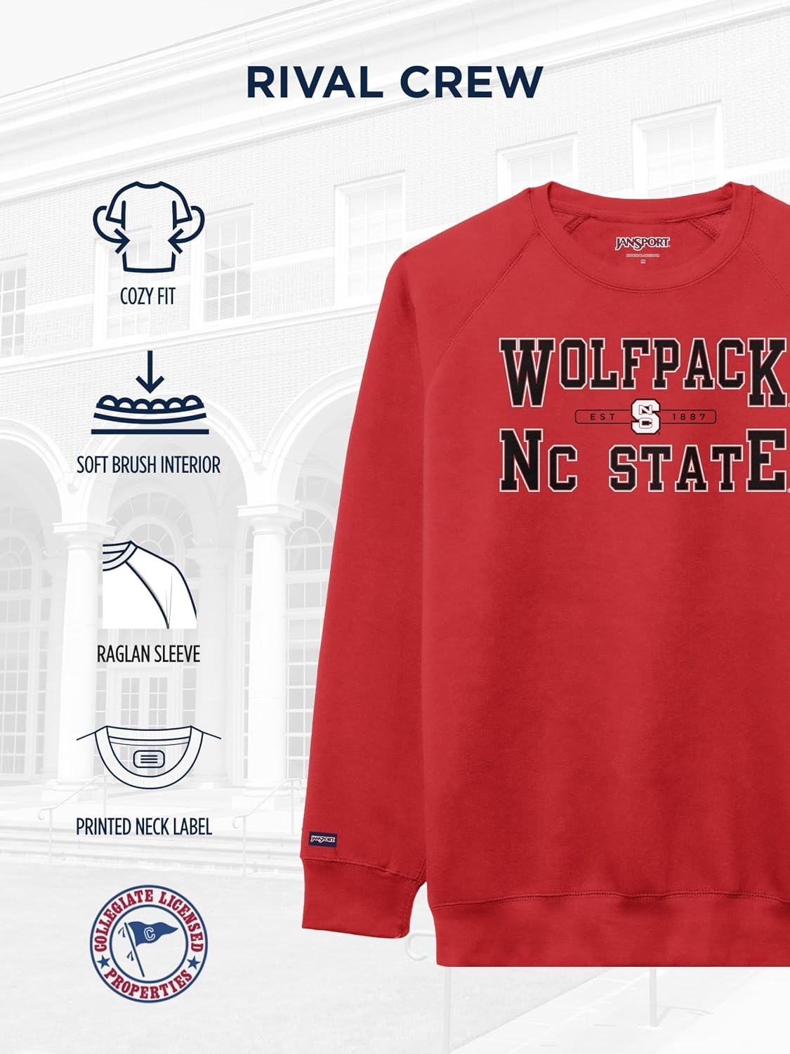image:imageJanSport NCAA Officially Licensed Rival Crew Sweatshirt Long Sleeve Graphic Pullover for Men Women CottonPolyester BlendNorth Carolina State Wolfpack