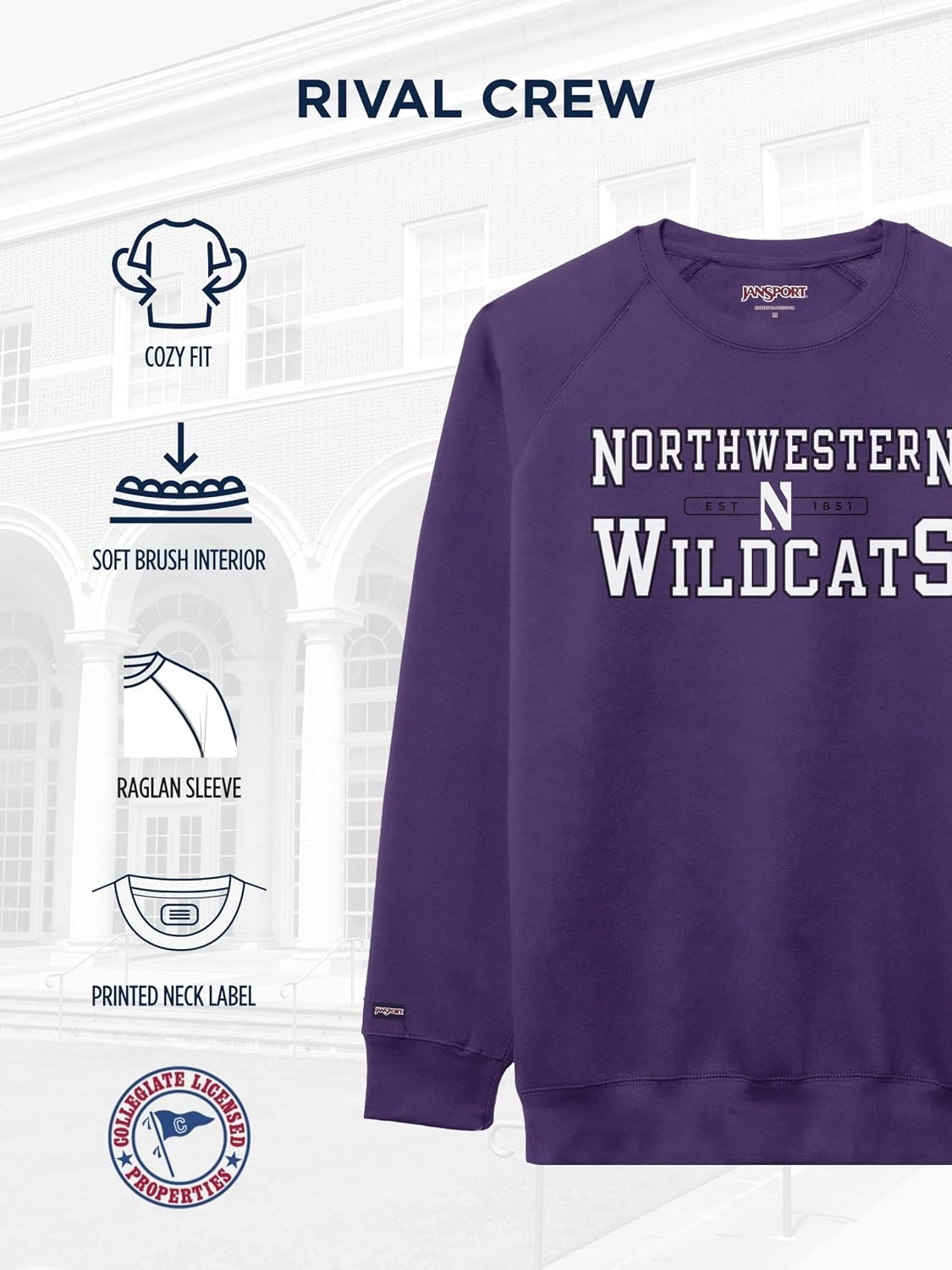 image:imageJanSport NCAA Officially Licensed Rival Crew Sweatshirt Long Sleeve Graphic Pullover for Men Women CottonPolyester BlendNorthwestern Wildcats