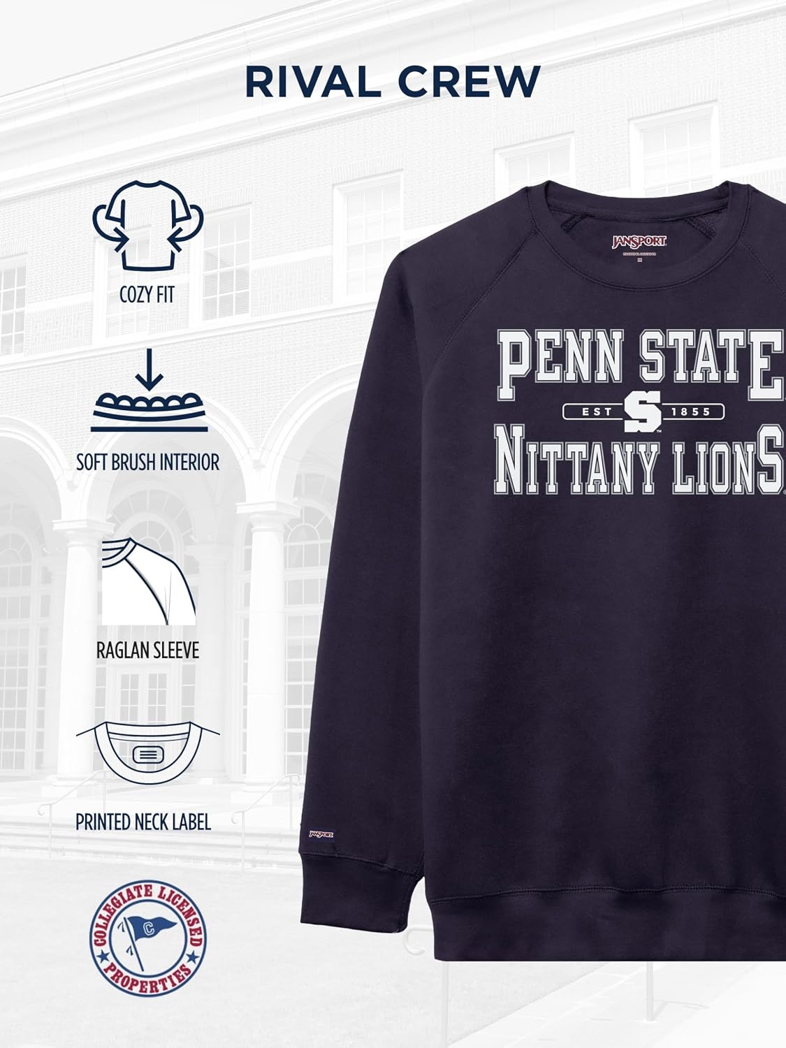 image:imageJanSport NCAA Officially Licensed Rival Crew Sweatshirt Long Sleeve Graphic Pullover for Men Women CottonPolyester BlendPenn State Nittany Lions