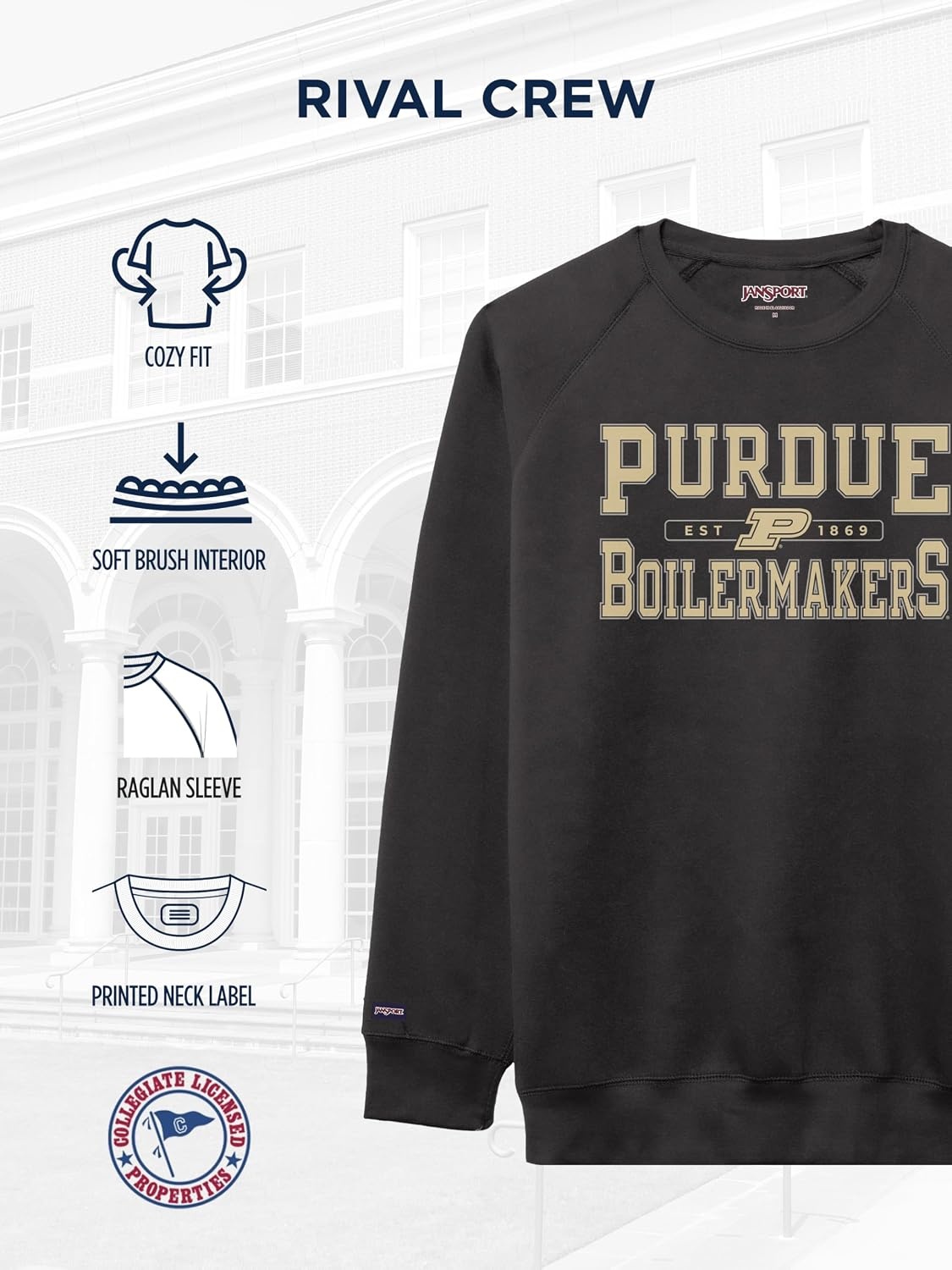 image:imageJanSport NCAA Officially Licensed Rival Crew Sweatshirt Long Sleeve Graphic Pullover for Men Women CottonPolyester BlendPurdue Boilermakers