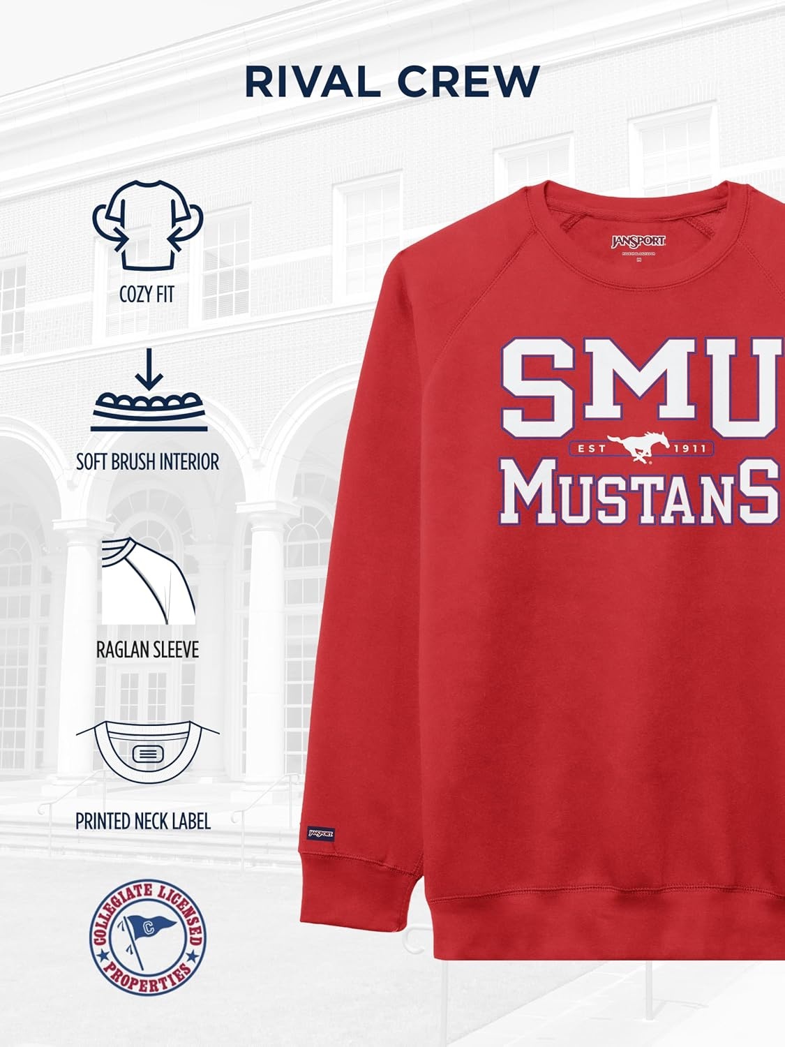 image:imageJanSport NCAA Officially Licensed Rival Crew Sweatshirt Long Sleeve Graphic Pullover for Men Women CottonPolyester BlendSMU Mustangs