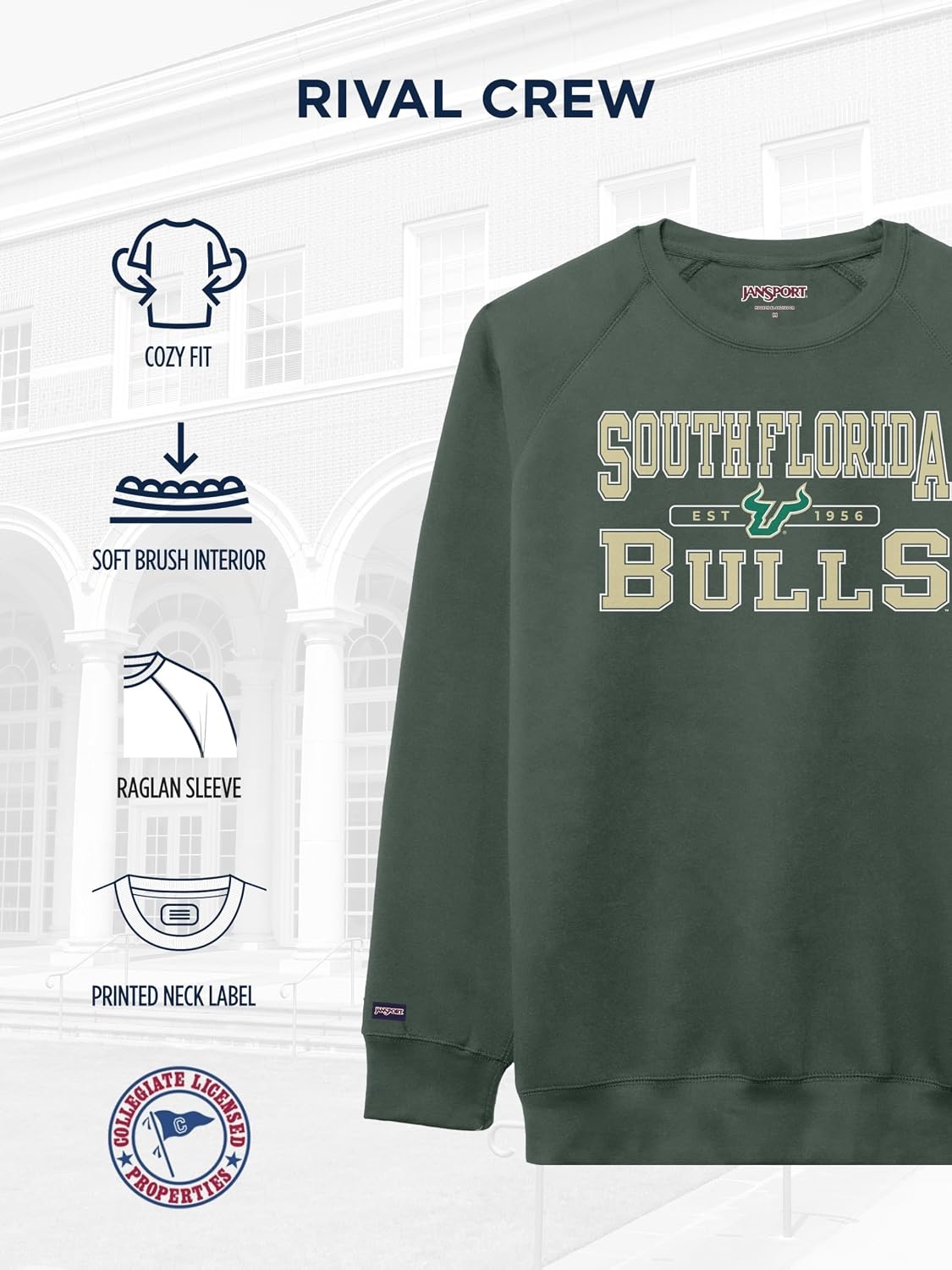 image:imageJanSport NCAA Officially Licensed Rival Crew Sweatshirt Long Sleeve Graphic Pullover for Men Women CottonPolyester BlendSouth Florida Bulls