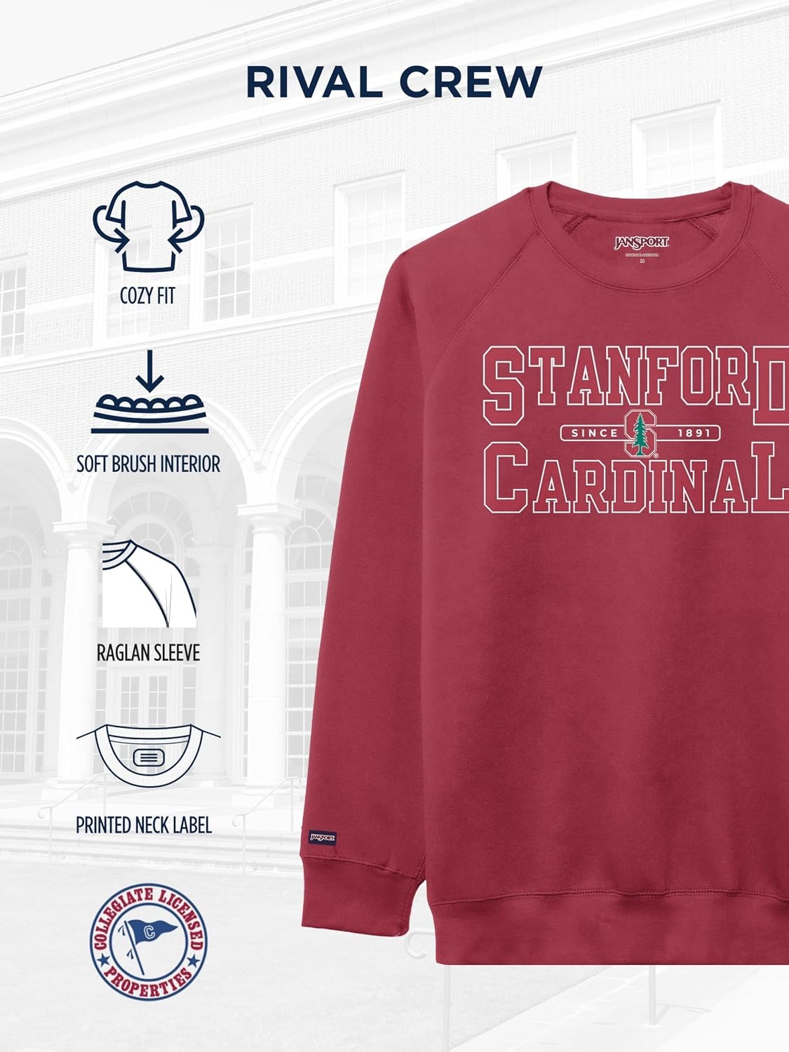 image:imageJanSport NCAA Officially Licensed Rival Crew Sweatshirt Long Sleeve Graphic Pullover for Men Women CottonPolyester BlendStanford Cardinal
