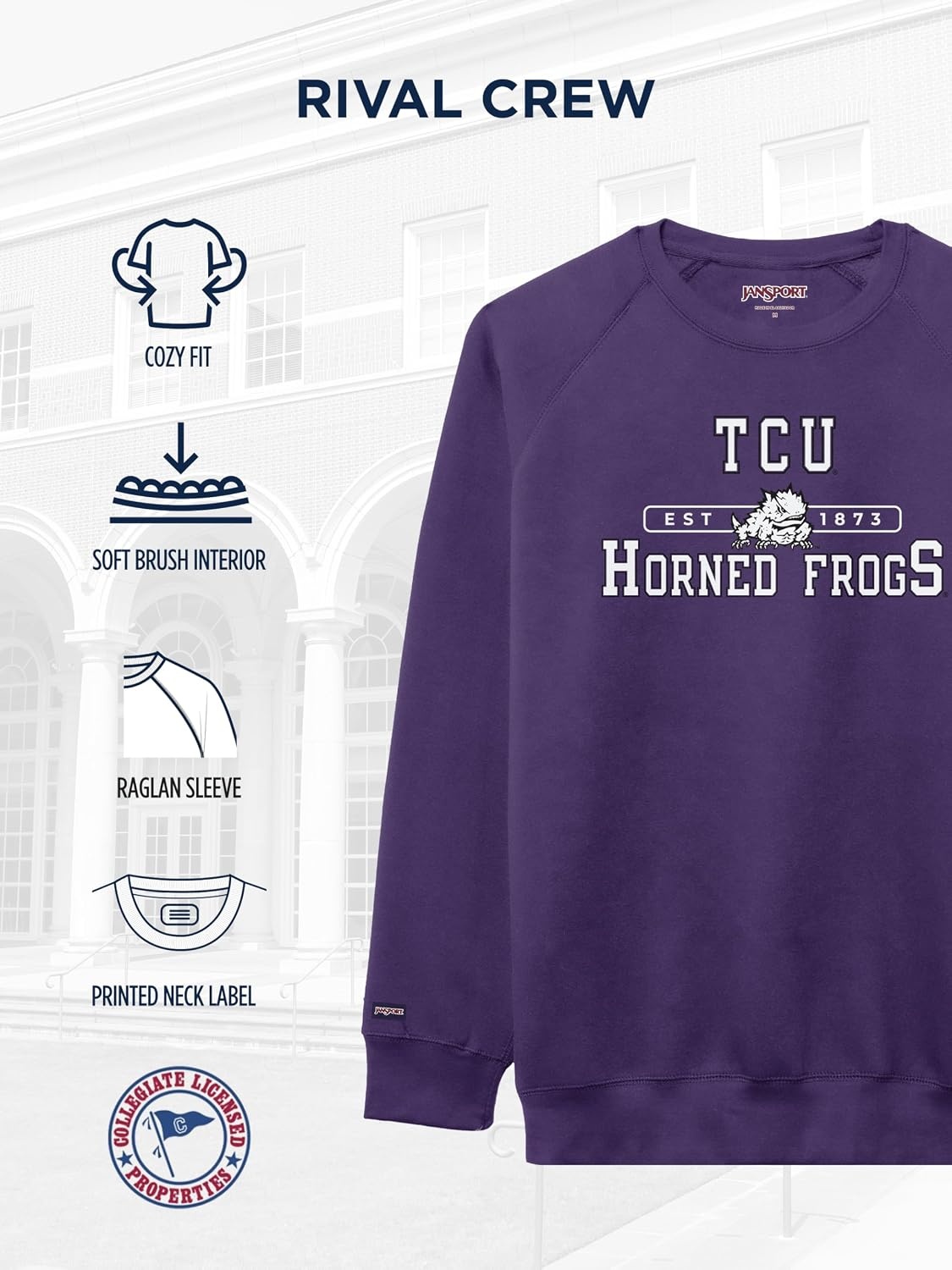 image:imageJanSport NCAA Officially Licensed Rival Crew Sweatshirt Long Sleeve Graphic Pullover for Men Women CottonPolyester BlendTCU Horned Frogs