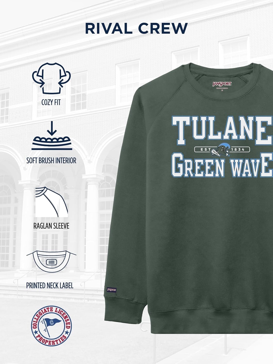 image:imageJanSport NCAA Officially Licensed Rival Crew Sweatshirt Long Sleeve Graphic Pullover for Men Women CottonPolyester BlendTulane Green Wave