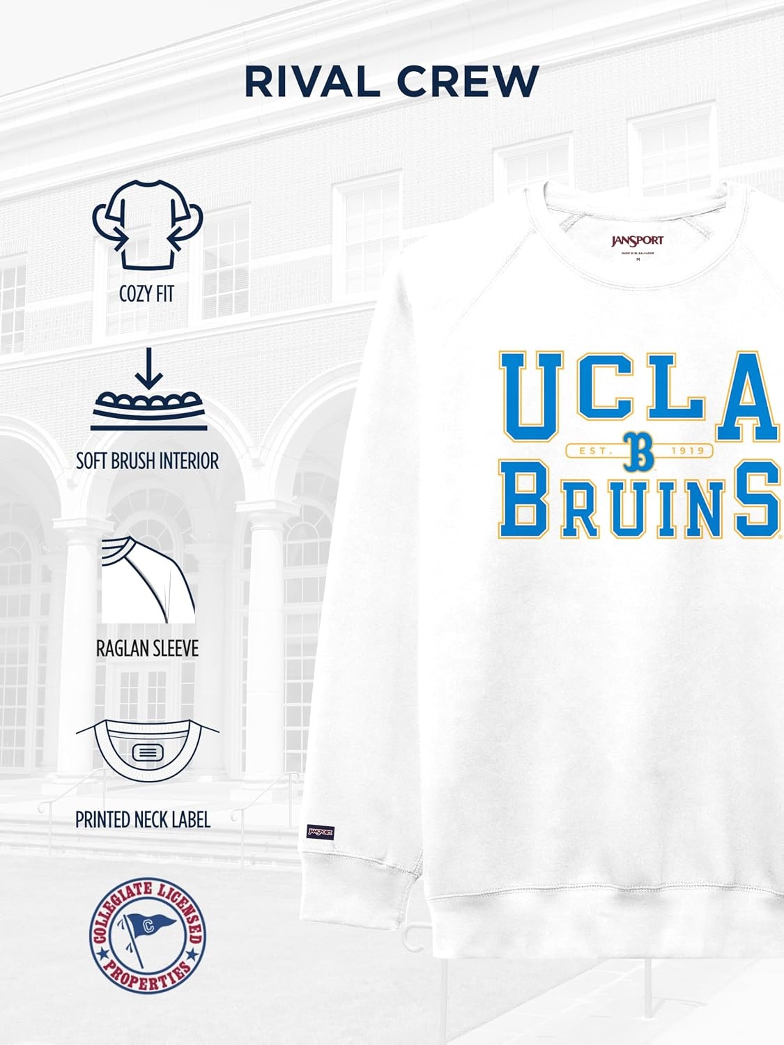 image:imageJanSport NCAA Officially Licensed Rival Crew Sweatshirt Long Sleeve Graphic Pullover for Men Women CottonPolyester BlendUCLA Bruins