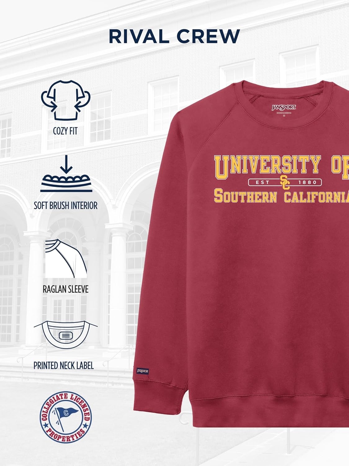 image:imageJanSport NCAA Officially Licensed Rival Crew Sweatshirt Long Sleeve Graphic Pullover for Men Women CottonPolyester BlendUSC Trojans
