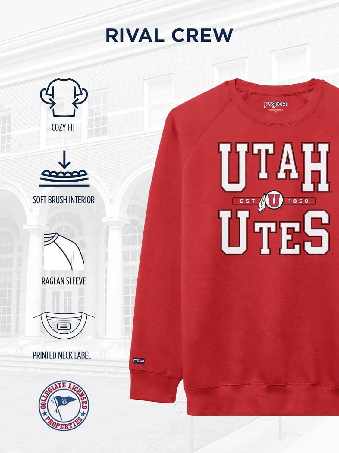 image:imageJanSport NCAA Officially Licensed Rival Crew Sweatshirt Long Sleeve Graphic Pullover for Men Women CottonPolyester BlendUtah Utes
