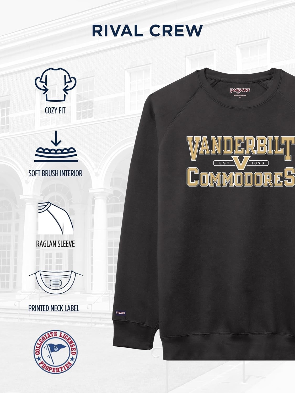 image:imageJanSport NCAA Officially Licensed Rival Crew Sweatshirt Long Sleeve Graphic Pullover for Men Women CottonPolyester BlendVanderbilt Commodores