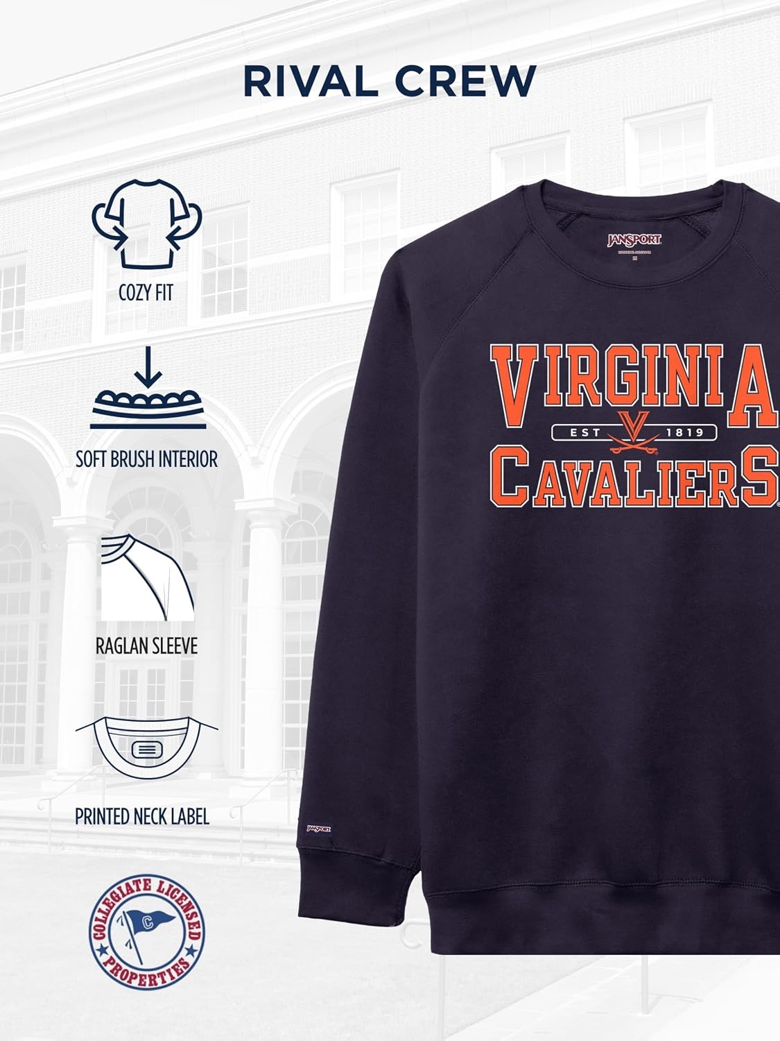 image:imageJanSport NCAA Officially Licensed Rival Crew Sweatshirt Long Sleeve Graphic Pullover for Men Women CottonPolyester BlendVirginia Cavaliers