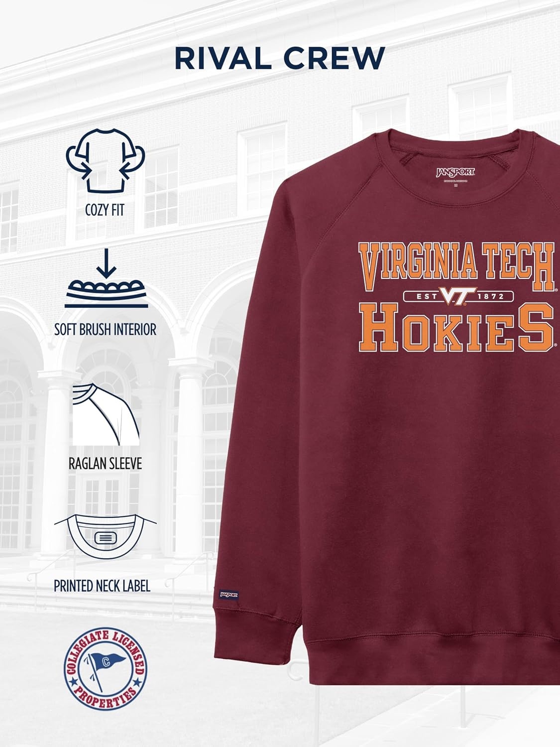 image:imageJanSport NCAA Officially Licensed Rival Crew Sweatshirt Long Sleeve Graphic Pullover for Men Women CottonPolyester BlendVirginia Tech Hokies