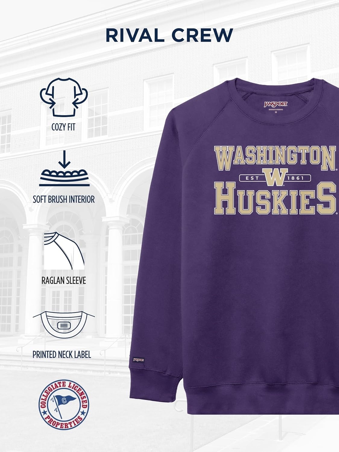 image:imageJanSport NCAA Officially Licensed Rival Crew Sweatshirt Long Sleeve Graphic Pullover for Men Women CottonPolyester BlendWashington Huskies