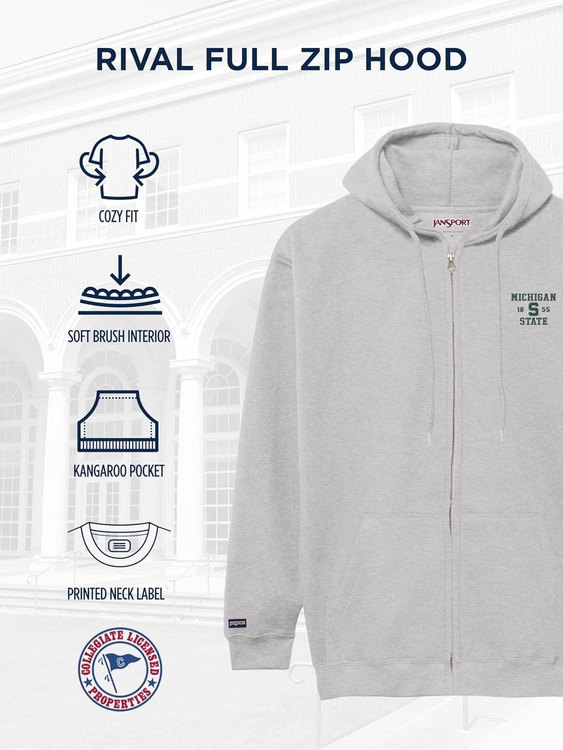 image:imageJanSport NCAA Officially Licensed Rival Full Zip Hoodie Long Sleeve Unisex Sweatshirt DoubleLayered Fleece HoodMichigan State Spartans