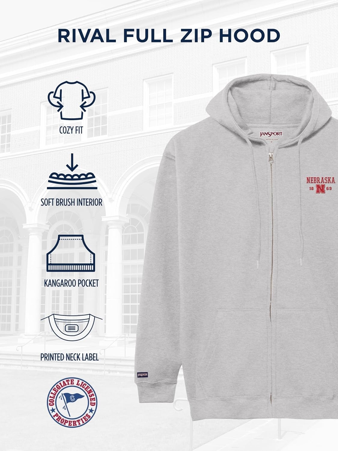 image:imageJanSport NCAA Officially Licensed Rival Full Zip Hoodie Long Sleeve Unisex Sweatshirt DoubleLayered Fleece HoodNebraska Cornhuskers