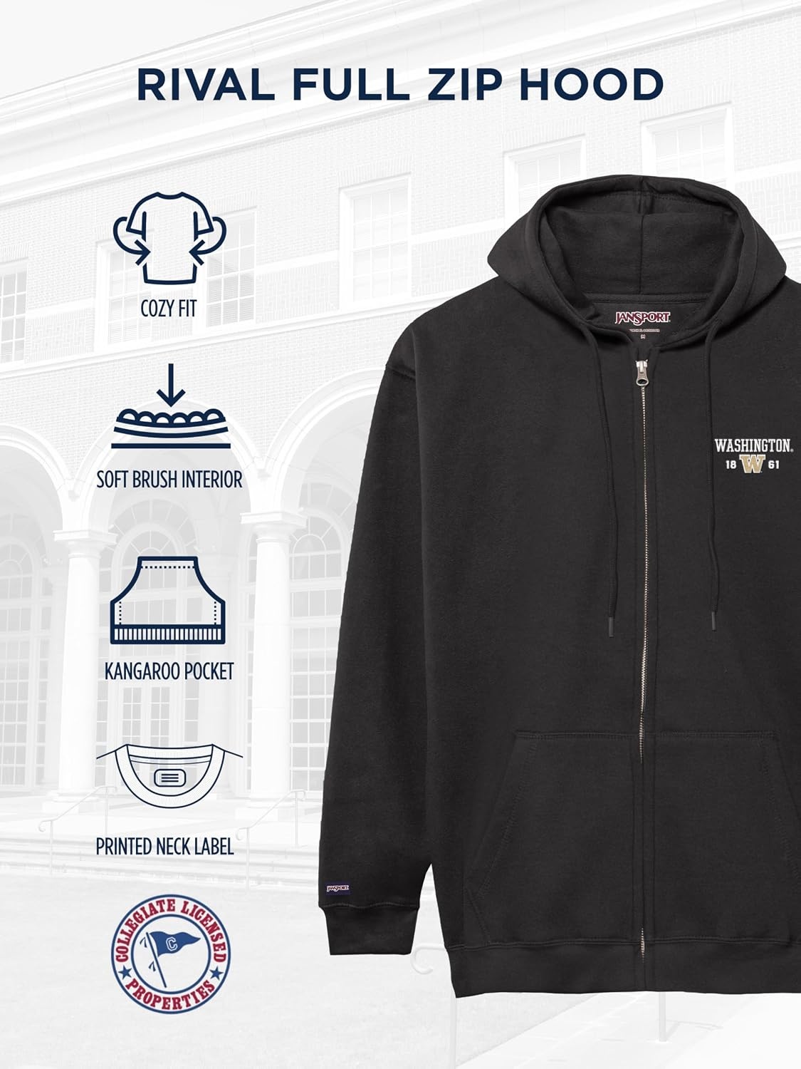 image:imageJanSport NCAA Officially Licensed Rival Full Zip Hoodie Long Sleeve Unisex Sweatshirt DoubleLayered Fleece HoodWashington Huskies