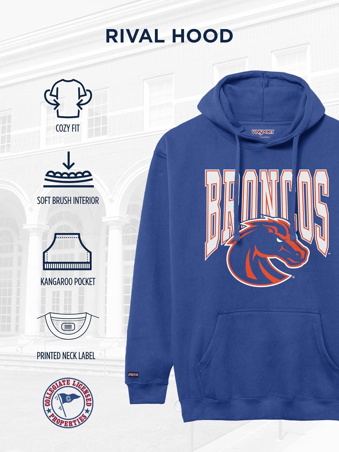 image:imageJanSport NCAA Officially Licensed Rival Hoodie Long Sleeve Unisex Sweatshirt CottonPolyester Blend DoubleLayered HoodBoise State Broncos