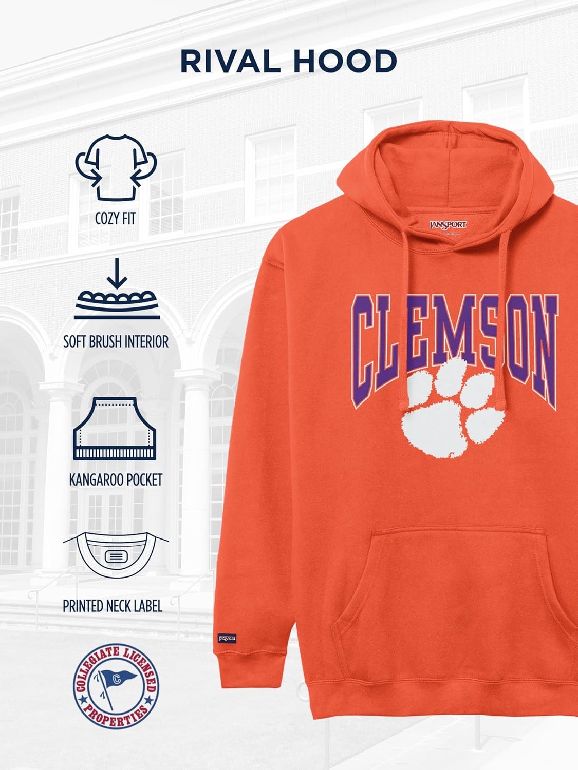 image:imageJanSport NCAA Officially Licensed Rival Hoodie Long Sleeve Unisex Sweatshirt CottonPolyester Blend DoubleLayered HoodClemson Tigers