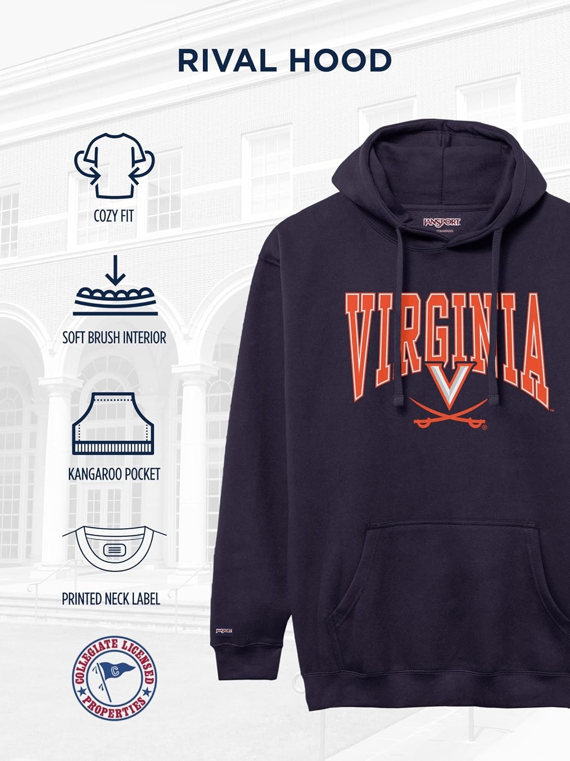 image:imageJanSport NCAA Officially Licensed Rival Hoodie Long Sleeve Unisex Sweatshirt CottonPolyester Blend DoubleLayered HoodIllinois Illini