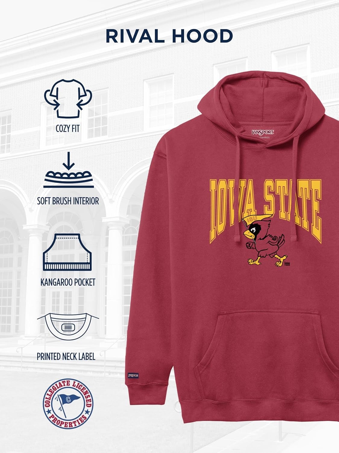 image:imageJanSport NCAA Officially Licensed Rival Hoodie Long Sleeve Unisex Sweatshirt CottonPolyester Blend DoubleLayered HoodIowa State Cyclones