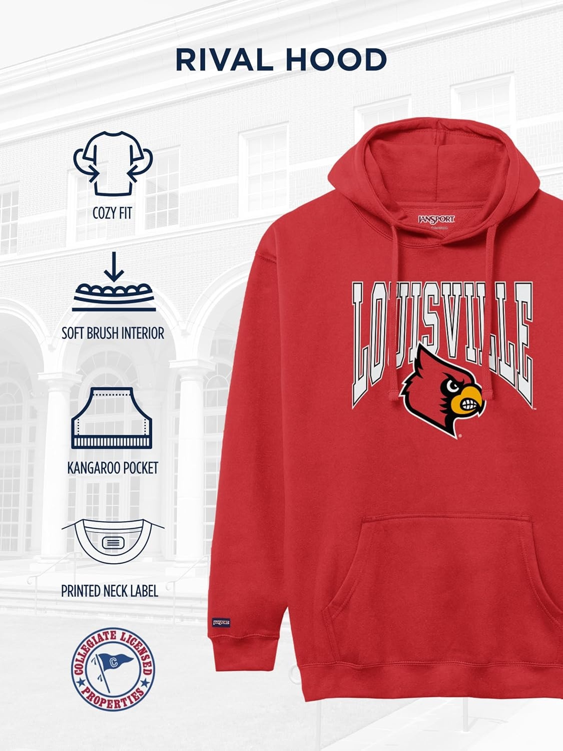 image:imageJanSport NCAA Officially Licensed Rival Hoodie Long Sleeve Unisex Sweatshirt CottonPolyester Blend DoubleLayered HoodLouisville Cardinals