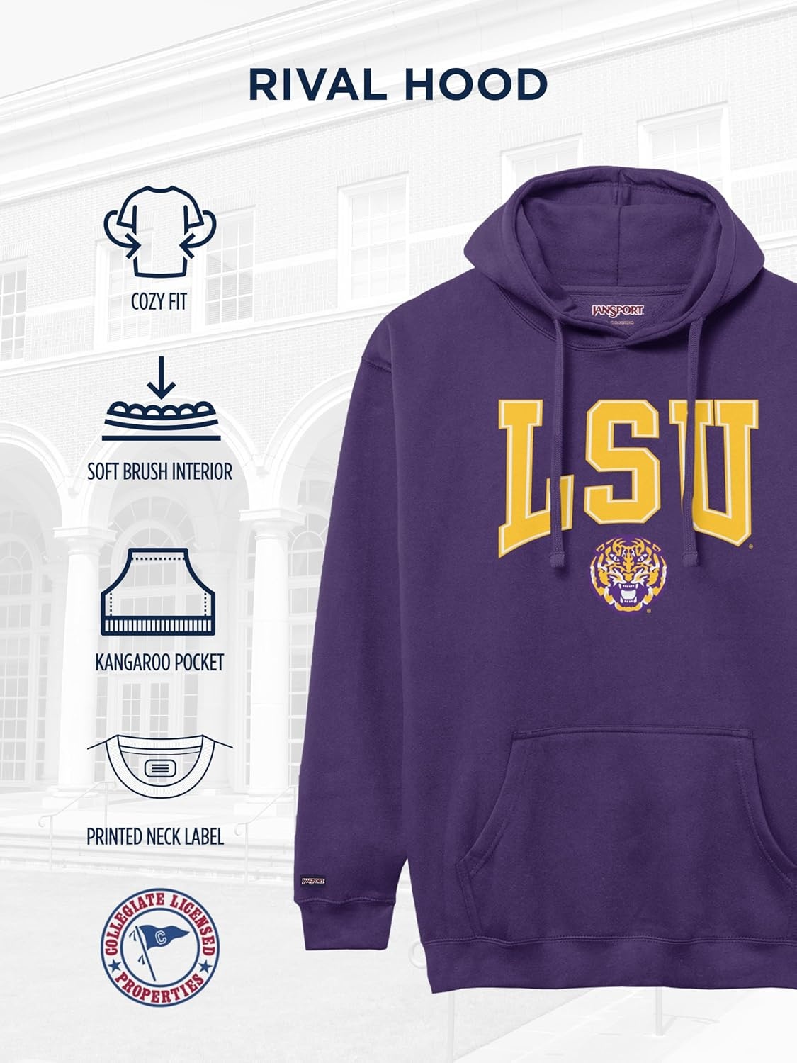 image:imageJanSport NCAA Officially Licensed Rival Hoodie Long Sleeve Unisex Sweatshirt CottonPolyester Blend DoubleLayered HoodLsu Tigers