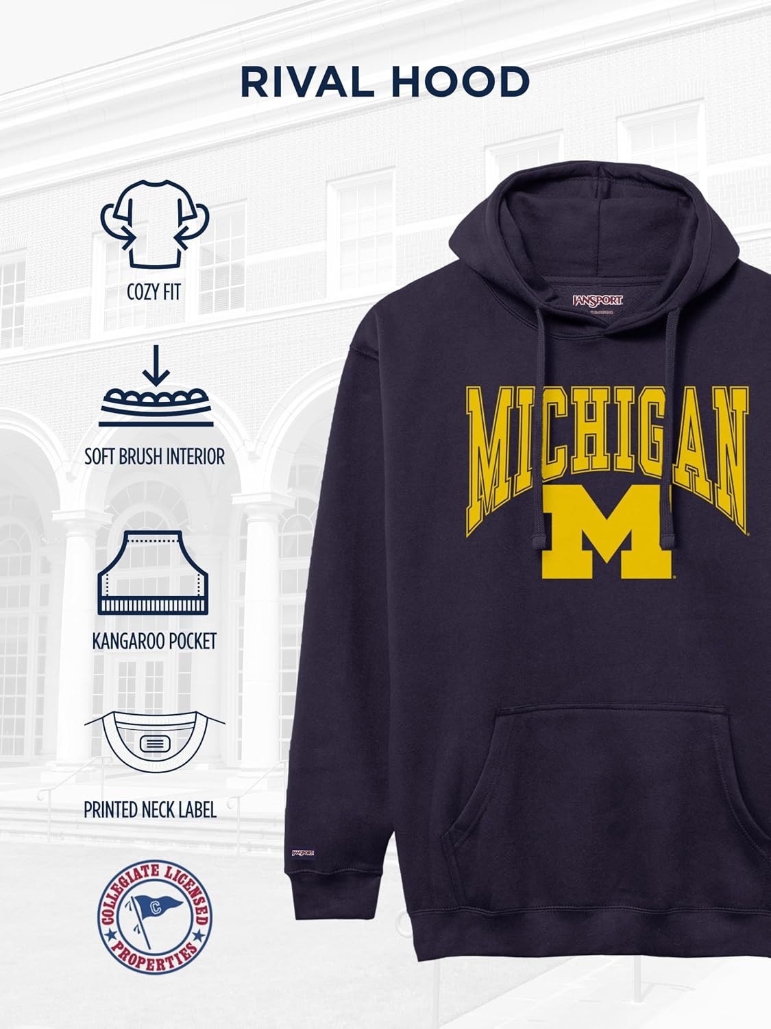 image:imageJanSport NCAA Officially Licensed Rival Hoodie Long Sleeve Unisex Sweatshirt CottonPolyester Blend DoubleLayered HoodMichigan Wolverines