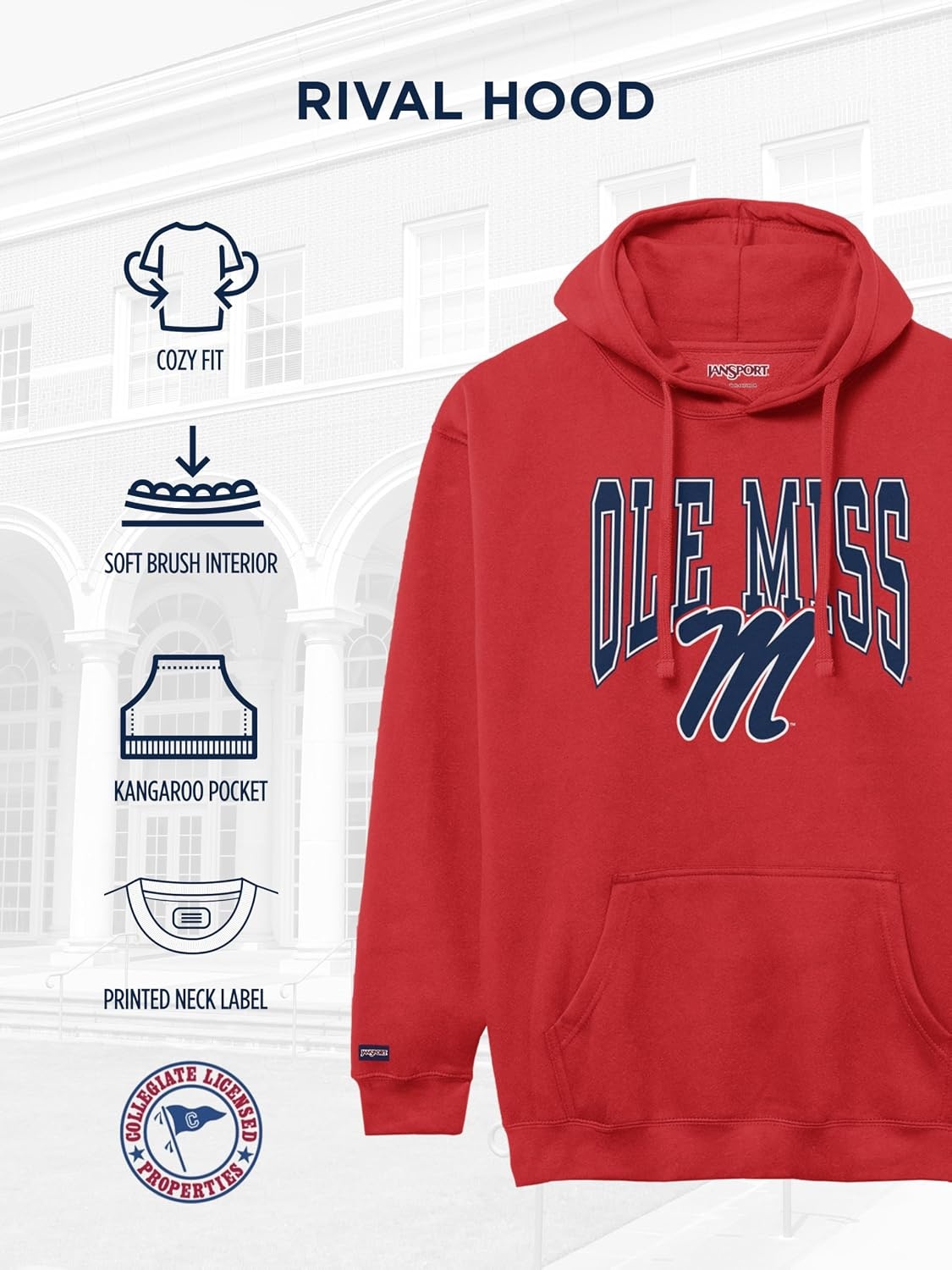 image:imageJanSport NCAA Officially Licensed Rival Hoodie Long Sleeve Unisex Sweatshirt CottonPolyester Blend DoubleLayered HoodMississippi Old Miss Rebels