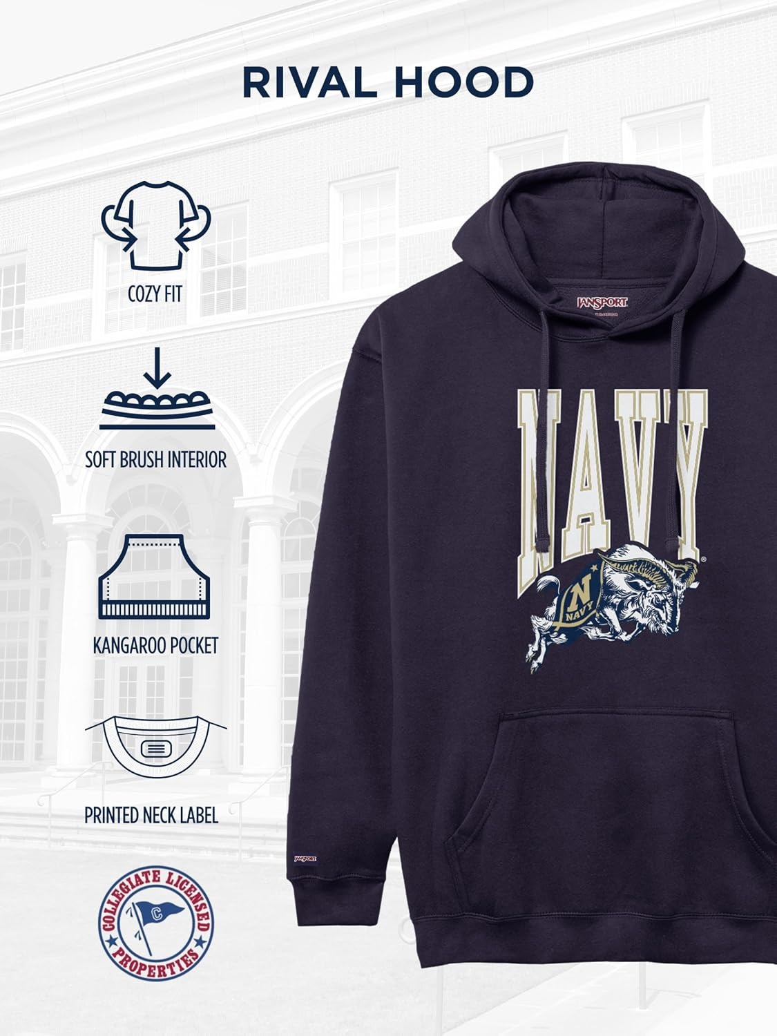 image:imageJanSport NCAA Officially Licensed Rival Hoodie Long Sleeve Unisex Sweatshirt CottonPolyester Blend DoubleLayered HoodNavy Midshipmen
