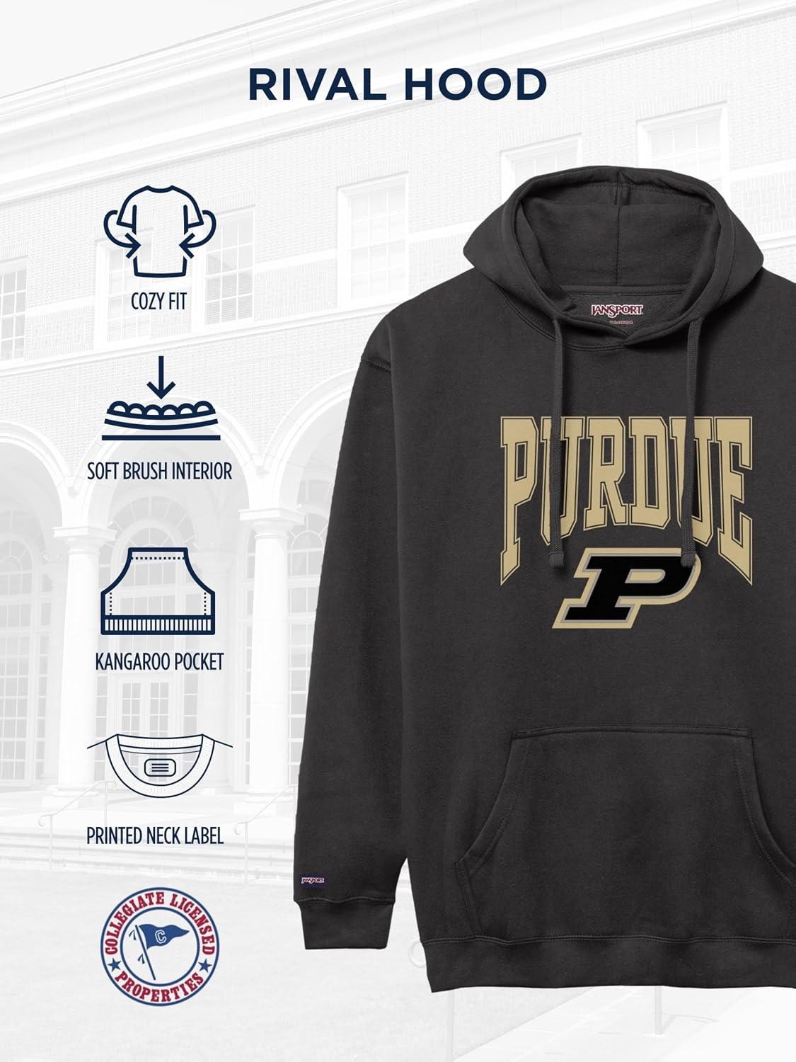 image:imageJanSport NCAA Officially Licensed Rival Hoodie Long Sleeve Unisex Sweatshirt CottonPolyester Blend DoubleLayered HoodPurdue Boilermakers