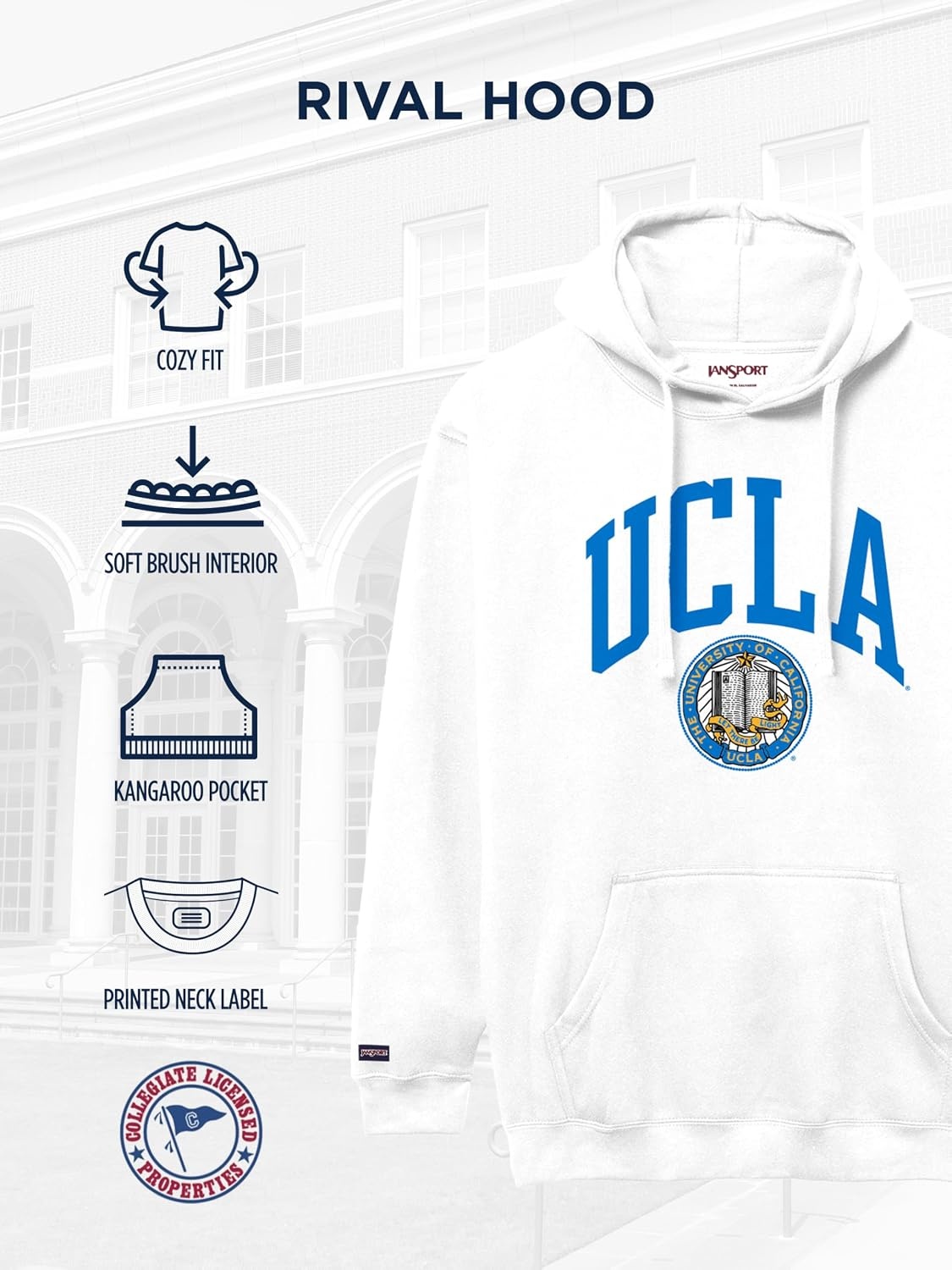 image:imageJanSport NCAA Officially Licensed Rival Hoodie Long Sleeve Unisex Sweatshirt CottonPolyester Blend DoubleLayered HoodUcla Bruins
