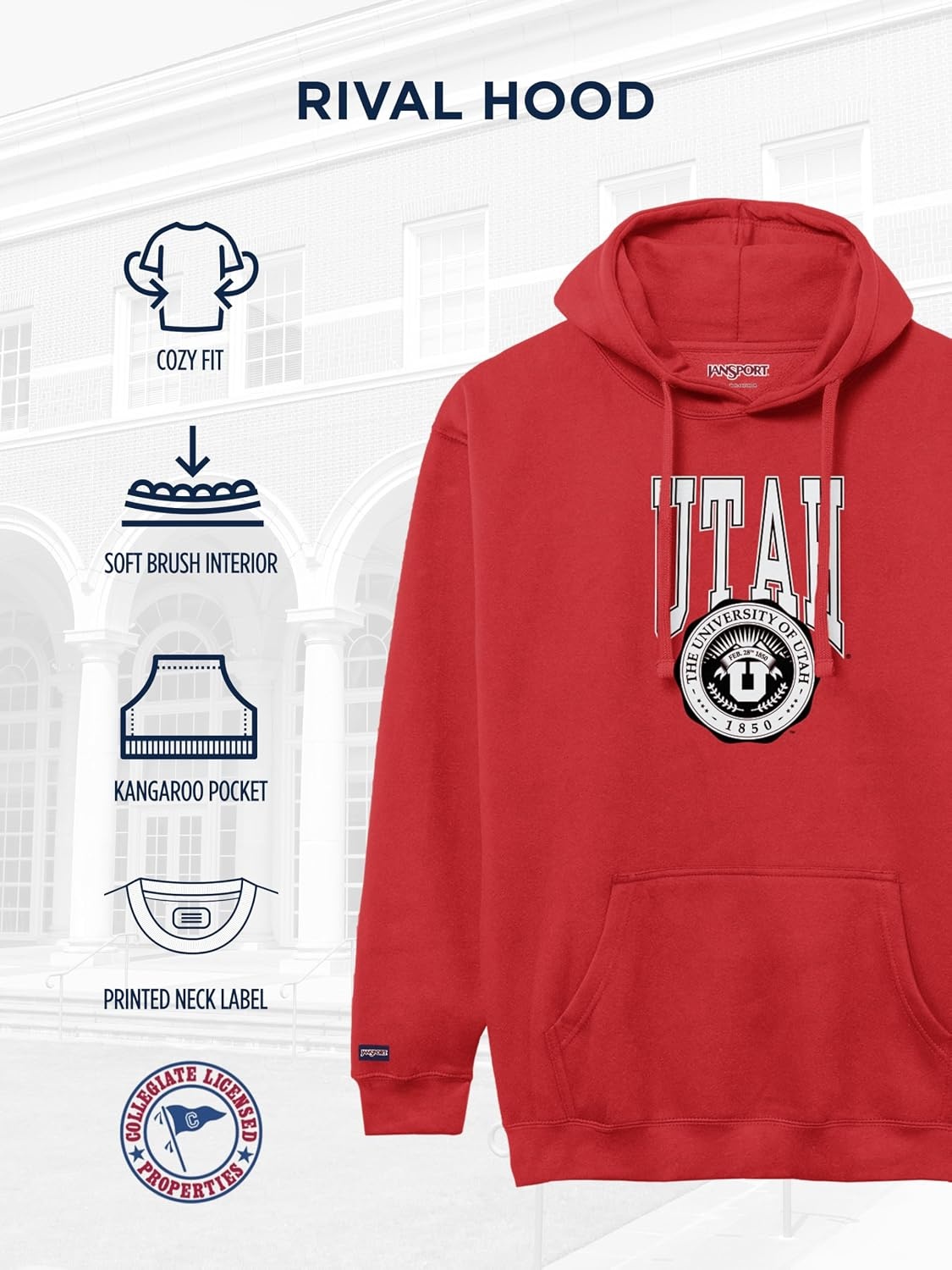 image:imageJanSport NCAA Officially Licensed Rival Hoodie Long Sleeve Unisex Sweatshirt CottonPolyester Blend DoubleLayered HoodUtah Utes