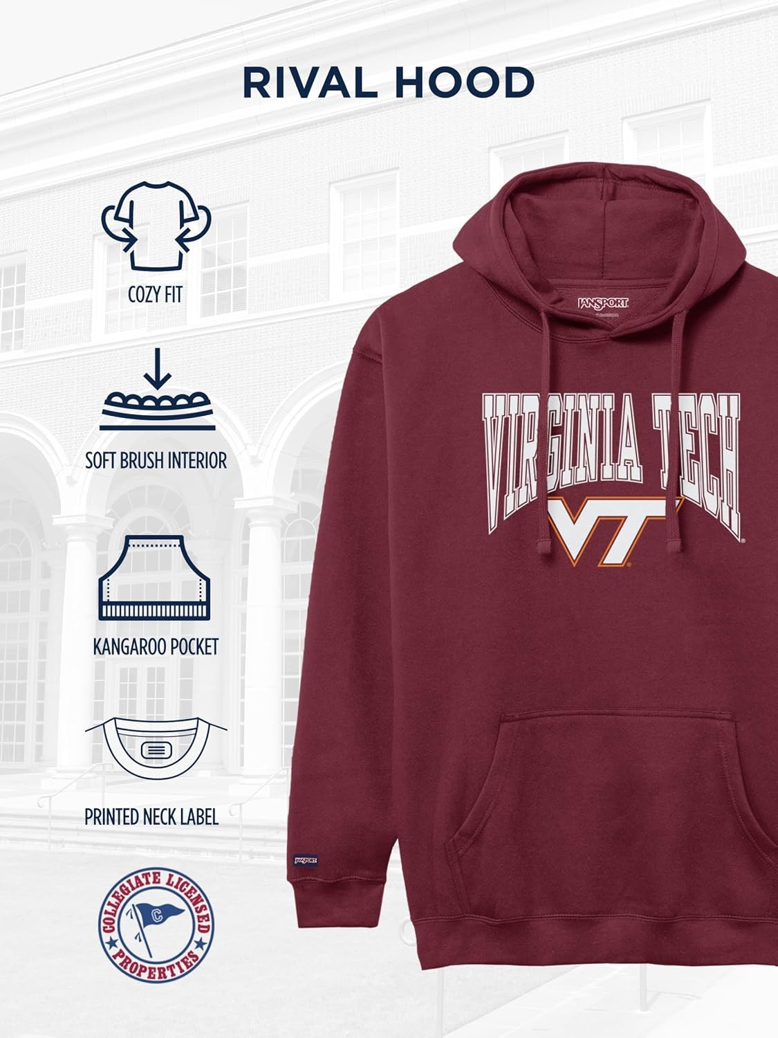 image:imageJanSport NCAA Officially Licensed Rival Hoodie Long Sleeve Unisex Sweatshirt CottonPolyester Blend DoubleLayered HoodVirginia Tech Hokies