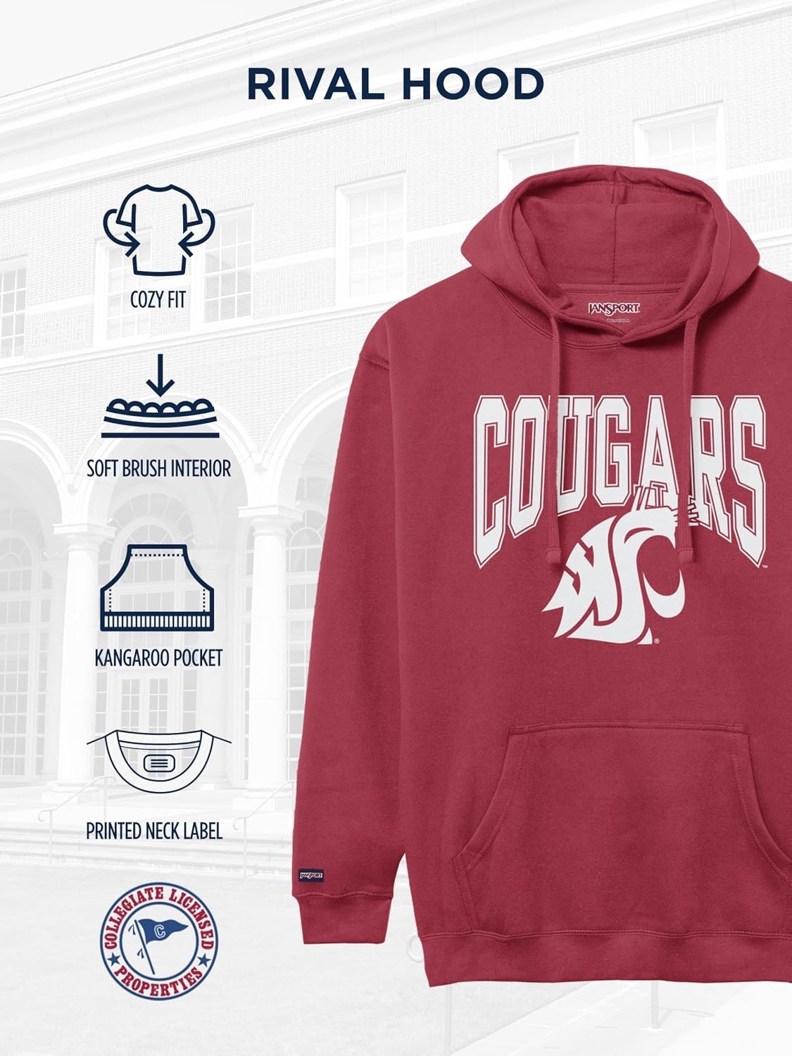 image:imageJanSport NCAA Officially Licensed Rival Hoodie Long Sleeve Unisex Sweatshirt CottonPolyester Blend DoubleLayered HoodWashington State Cougars