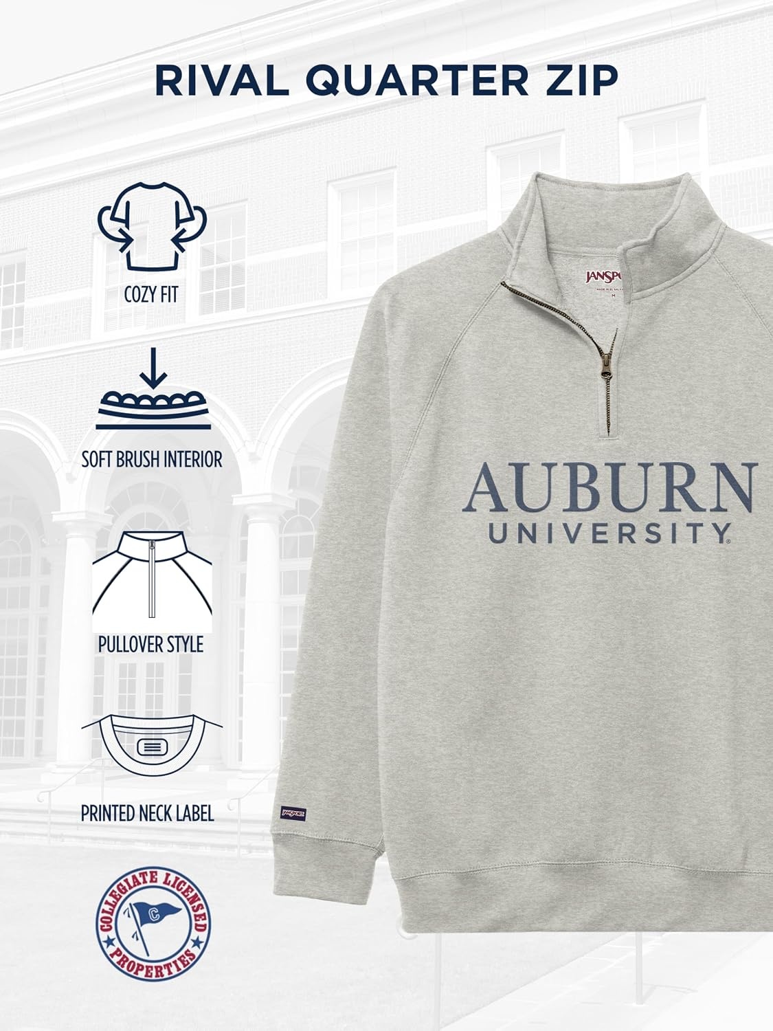 image:imageJanSport NCAA Officially Licensed Rival Quarter Zip Sweatshirt Long Sleeve Unisex CottonPolyester Blend StandUp CollarAuburn Tigers