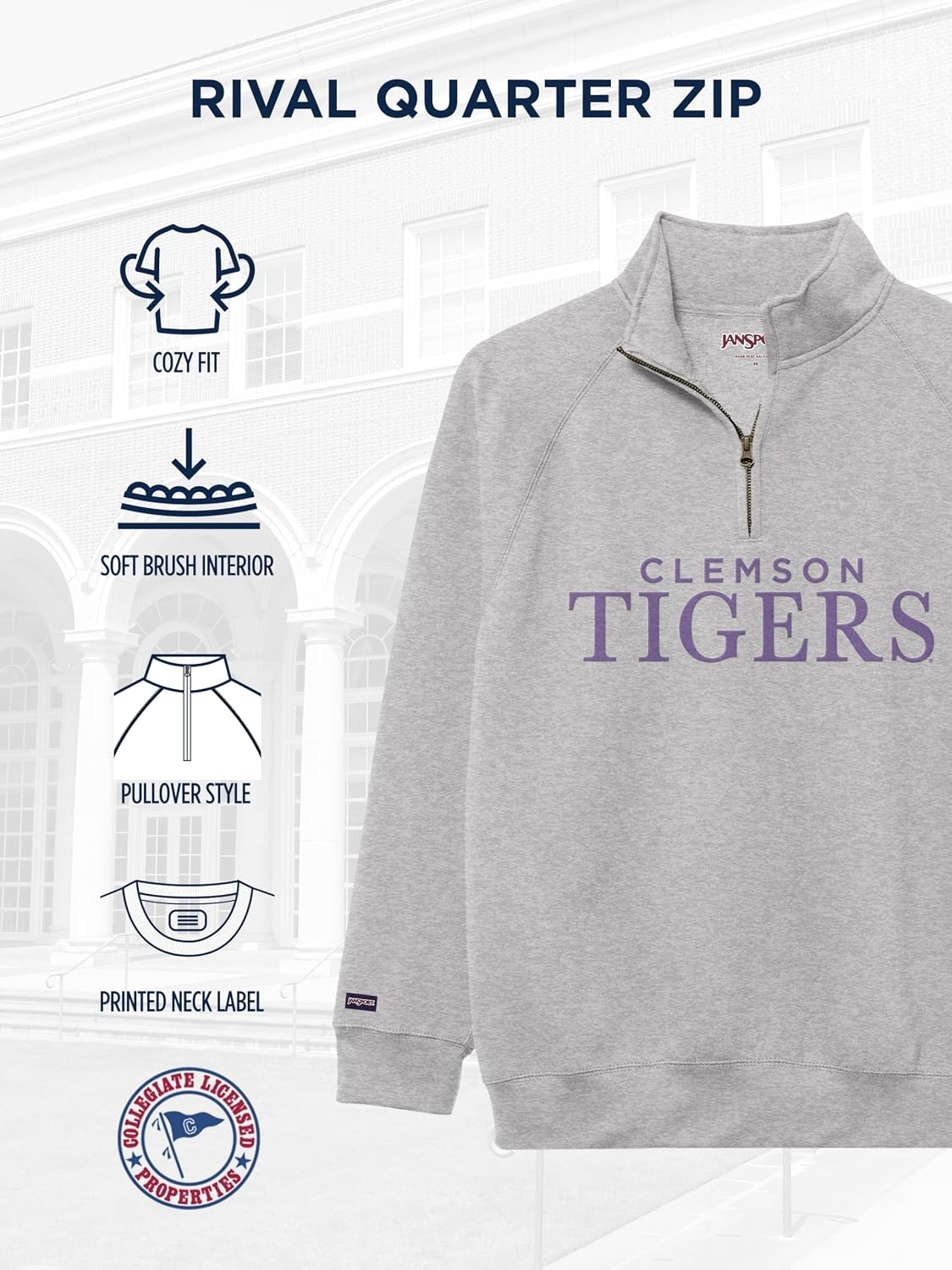image:imageJanSport NCAA Officially Licensed Rival Quarter Zip Sweatshirt Long Sleeve Unisex CottonPolyester Blend StandUp CollarClemson Tigers