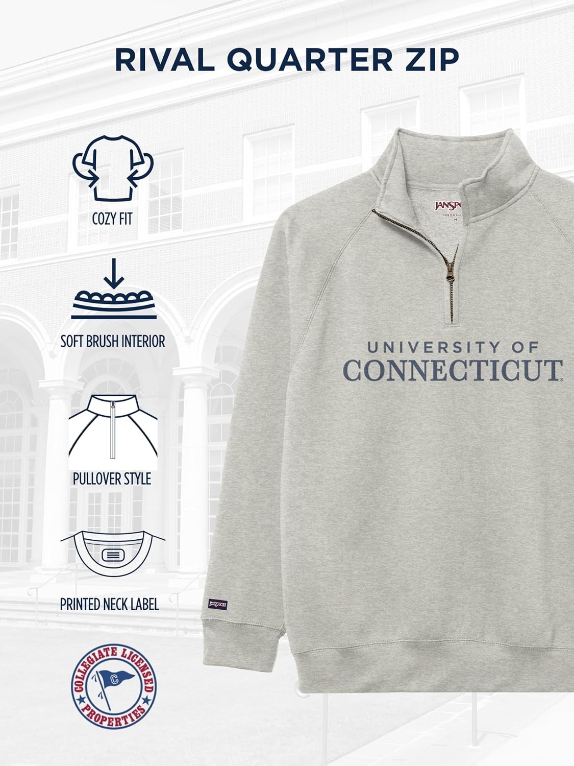 image:imageJanSport NCAA Officially Licensed Rival Quarter Zip Sweatshirt Long Sleeve Unisex CottonPolyester Blend StandUp CollarConnecticut Huskies